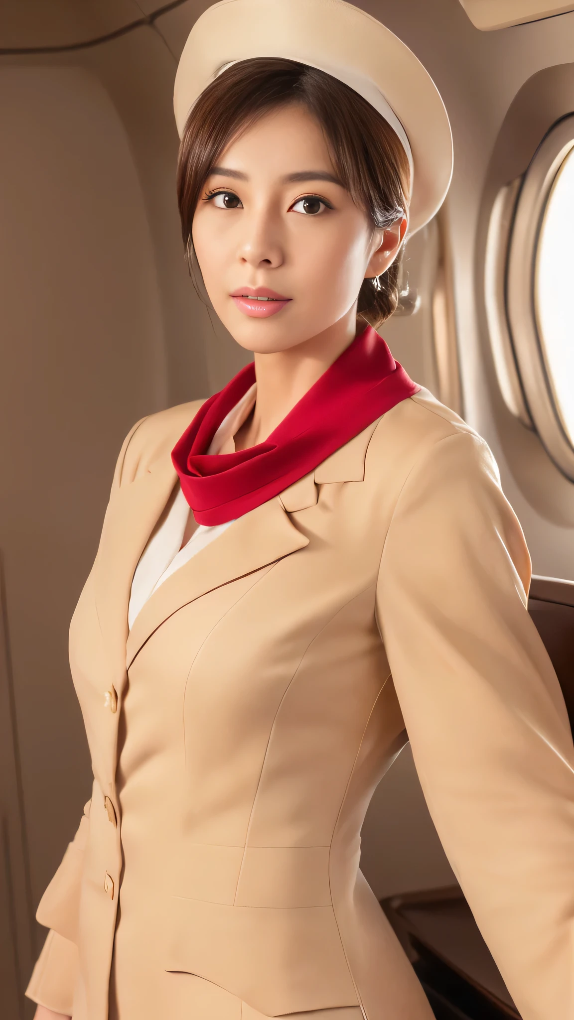 (8k, best quality, masterpiece, golden ratio composition,:1.3), (Zoom out shot:1.2), (A beautiful Japanese mature woman dressed in a classic flight attendant uniform, fitted beige jacket, white blouse, red neck scarf, ,very small and short neck scarf, small red hat ,light makeup:1.3), (huge breasts), standing in an airplane cabin