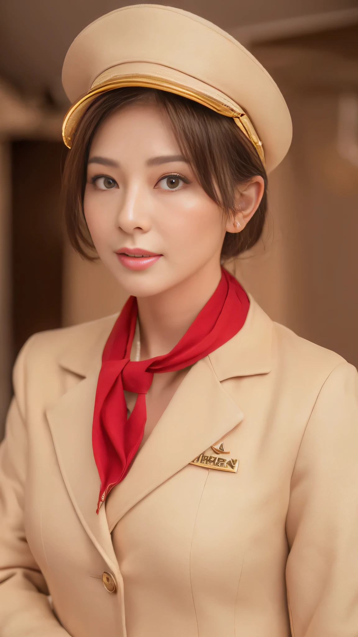 (8k, best quality, masterpiece, golden ratio composition,:1.3), (Zoom out shot:1.2), (A beautiful Japanese mature woman dressed in a classic flight attendant uniform, fitted beige jacket, white blouse, red neck scarf, ,very small and short neck scarf, small red hat ,light makeup:1.3), (huge breasts), standing in an airplane cabin