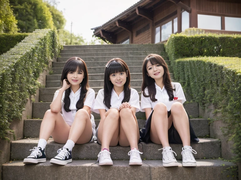 Three happy girls were sitting on the stone steps, Take a full body photo、Have fun and laugh、She was wearing a white blouse, Vans sneakers, Red checked skirt、White sneakers, Black Hair, detached houses, Flowers,Happy girl with round face, Big eyes, Long eyelashes, Full-body display、Detailed Private Parts、Hairless、Detailed female genitalia、Spread your legs、真From below、I see your genitalia、highest quality, Ultra-high resolution, (Realistic: )2D official style cel animation,((Like Hayate!Three girls sitting in a row。))mini skirt,summer shirt,(no panties),loose socks,sneakers,Full body portrait,(From below),Station stairs,sunny,Troubled face,Spread your legs, nsfw,