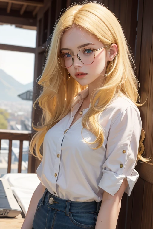 melissa shield, 1girl, solo, long hair, looking at viewe blond hair and white shirt,glasses,yellow hair ,blue eyes