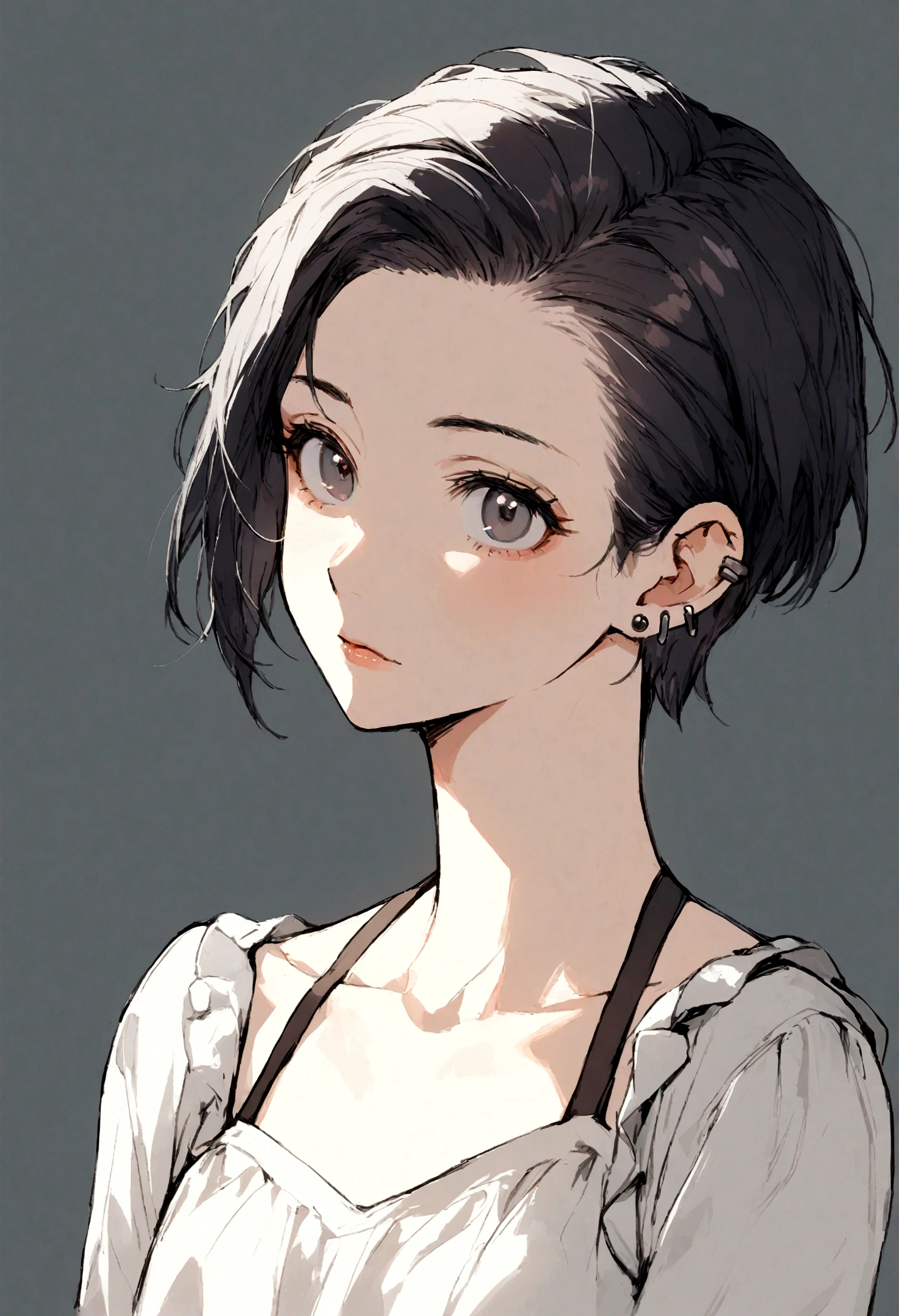 ,1girl, solo,(adult), boyish woman,pixie cut, black hair, hair slicked back,gray eyes,flat chest,(tall:1.2), ear piercing,half of forehead