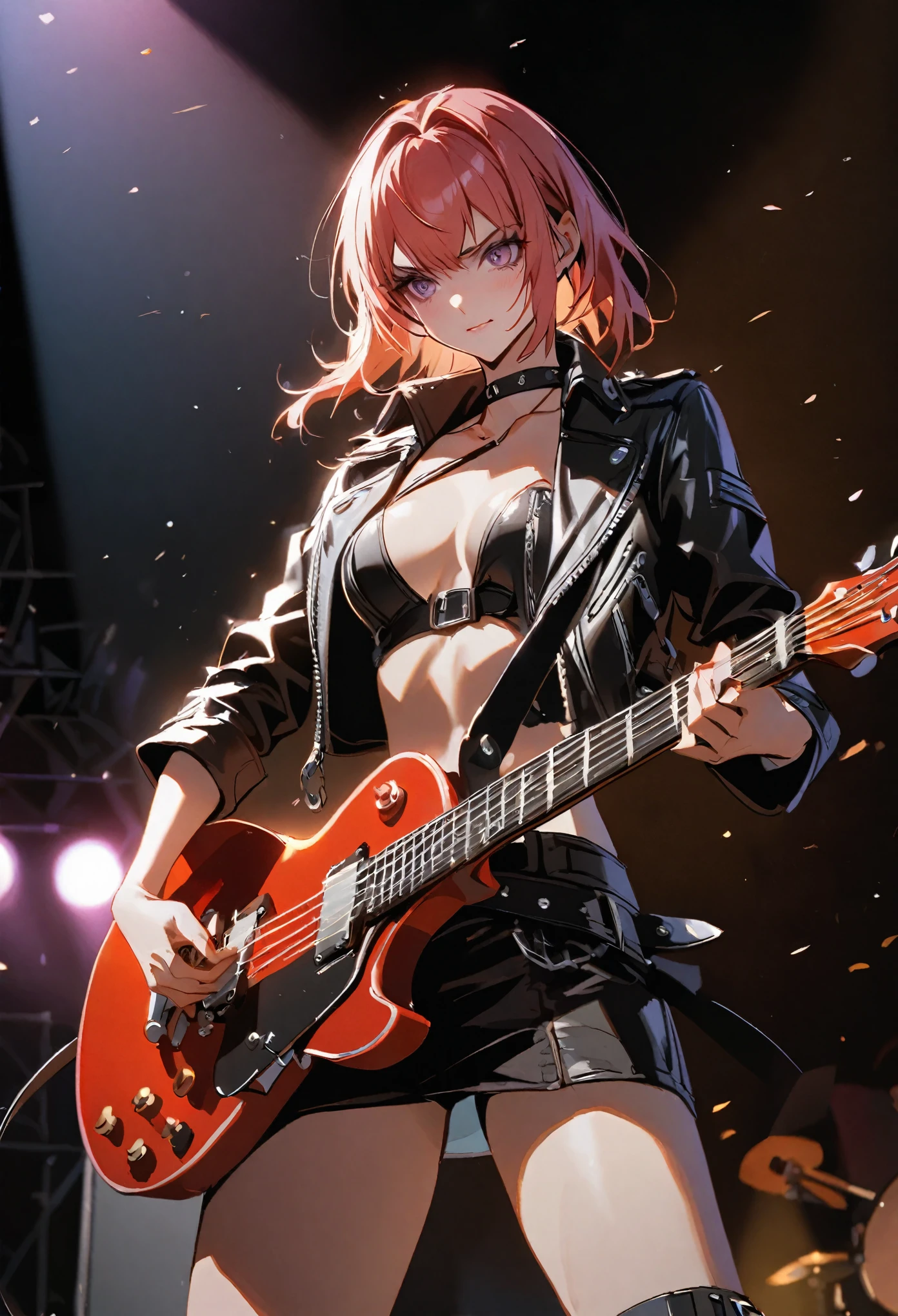 Guitarist,Open chest leather jacket, Hot Pants, stage, spotlight