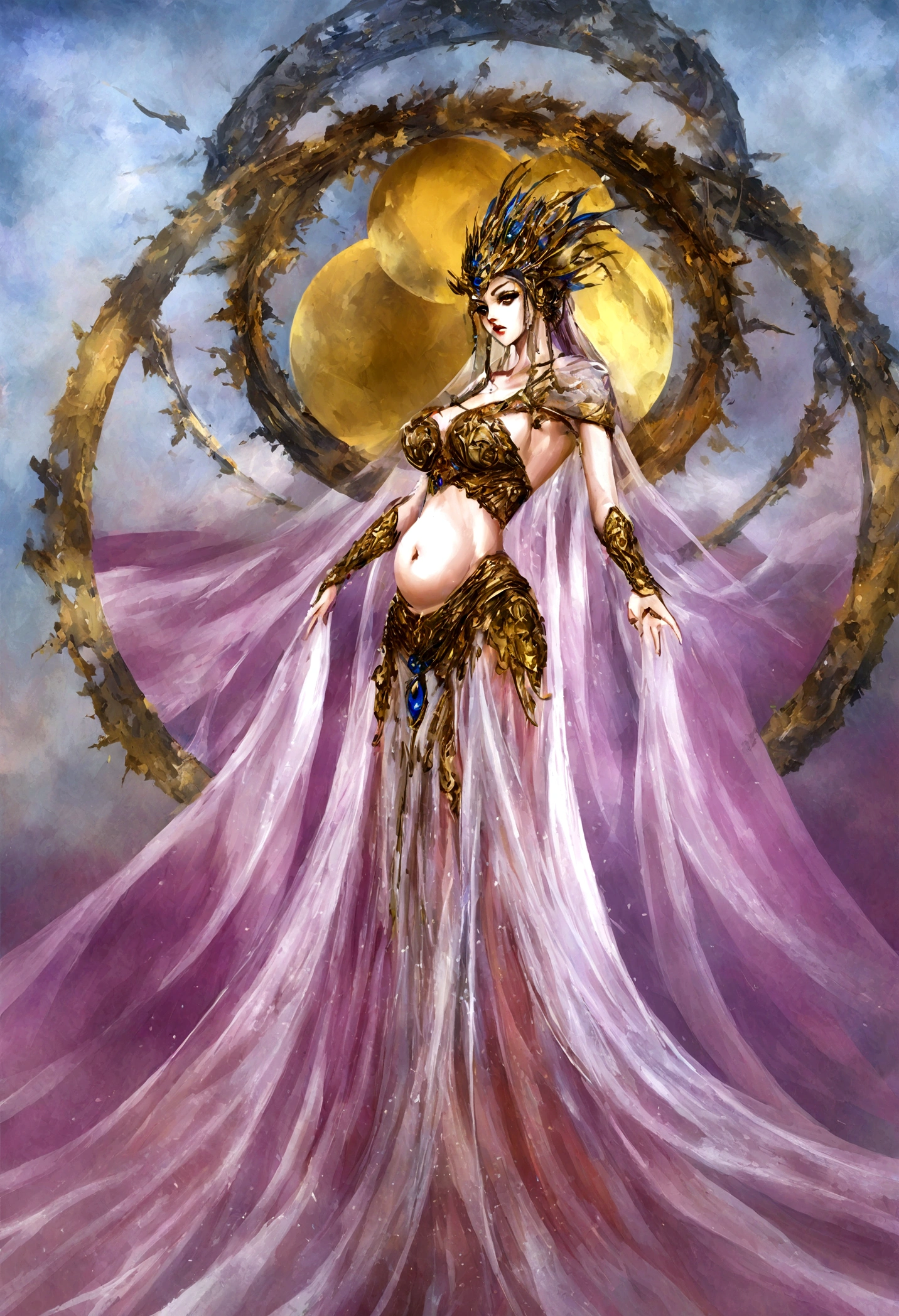 Arav woman in belly dance costume standing in front of golden circle, Yang Jie’s digital art, Winner of the CGosociety competition, Fantasy Art, Beautiful fantasy queen, 8k stunning artwork, complex wlop, Beautiful digital artwork, ((Beautiful fantasy queen)), 4k highly detailed digital art, Winner of the CGosociety competition!!, Rostland 8K