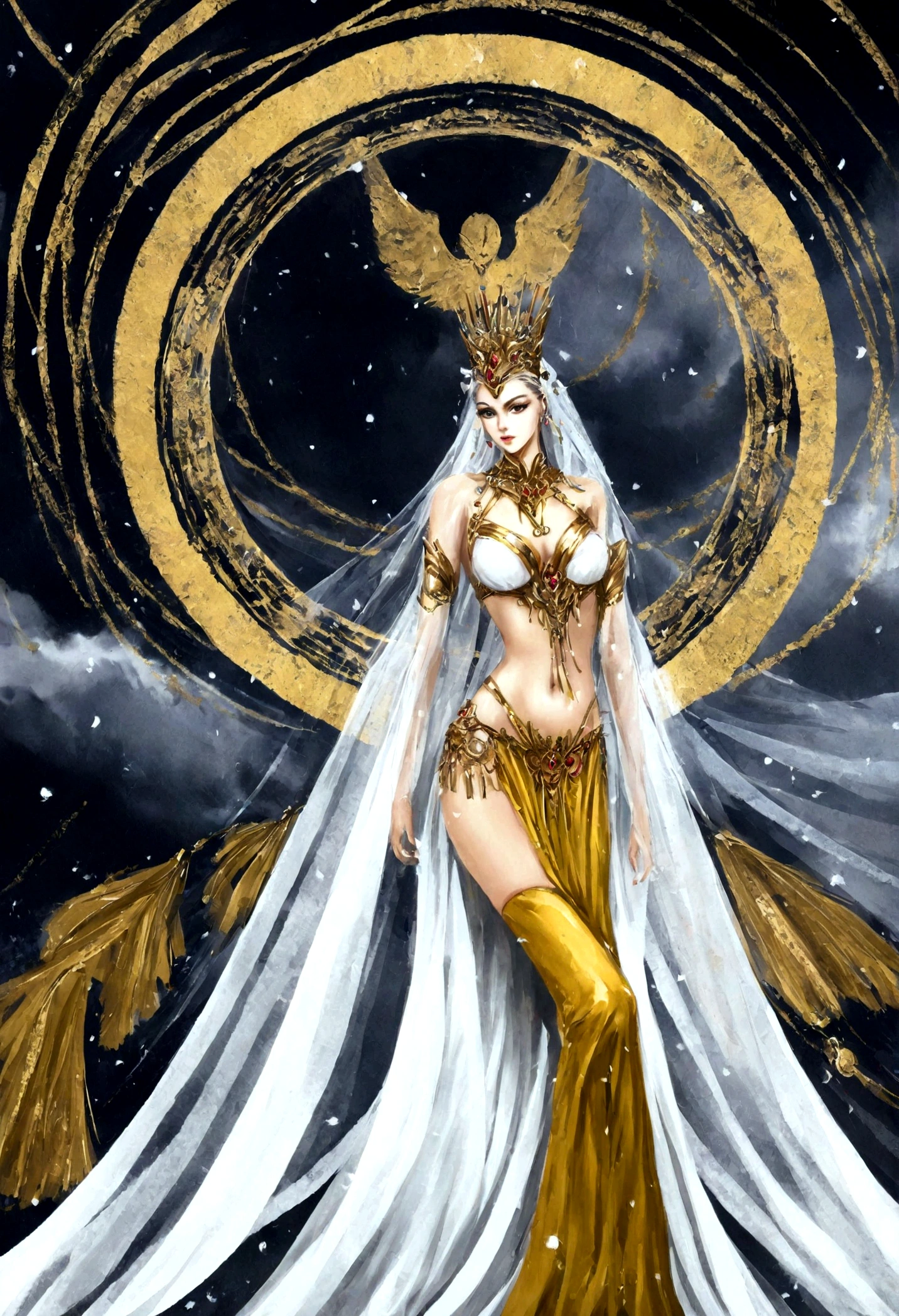 Arav woman in belly dance costume standing in front of golden circle, Yang Jie’s digital art, Winner of the CGosociety competition, Fantasy Art, Beautiful fantasy queen, 8k stunning artwork, complex wlop, Beautiful digital artwork, ((Beautiful fantasy queen)), 4k highly detailed digital art, Winner of the CGosociety competition!!, Rostland 8K