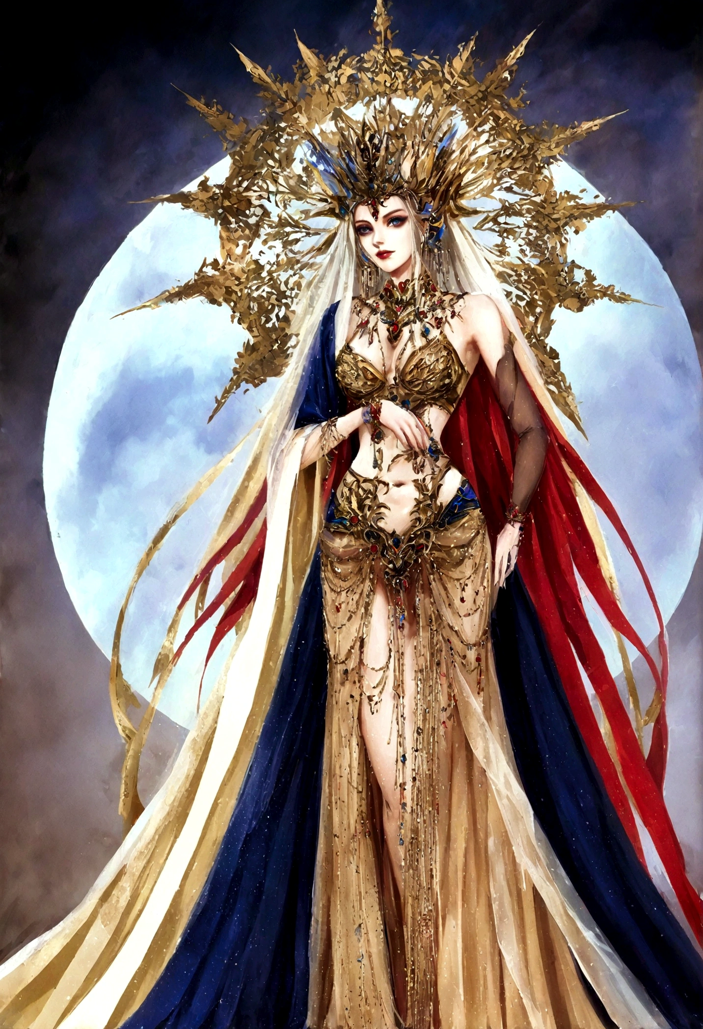 Arav woman in belly dance costume standing in front of golden circle, Beautiful fantasy queen, 8k stunning artwork, complex wlop, author:Yang Jie, Beautiful digital artwork, ((Beautiful fantasy queen)), 4k highly detailed digital art, Winner of the CGosociety competition!!, Rostland 8K, digital fantasy art ), Beautiful fantasy art