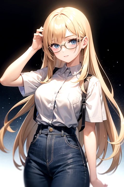 melissa shield, 1girl, solo, long hair, looking at viewe blond hair and white shirt,glasses,yellow hair ,blue eyes
