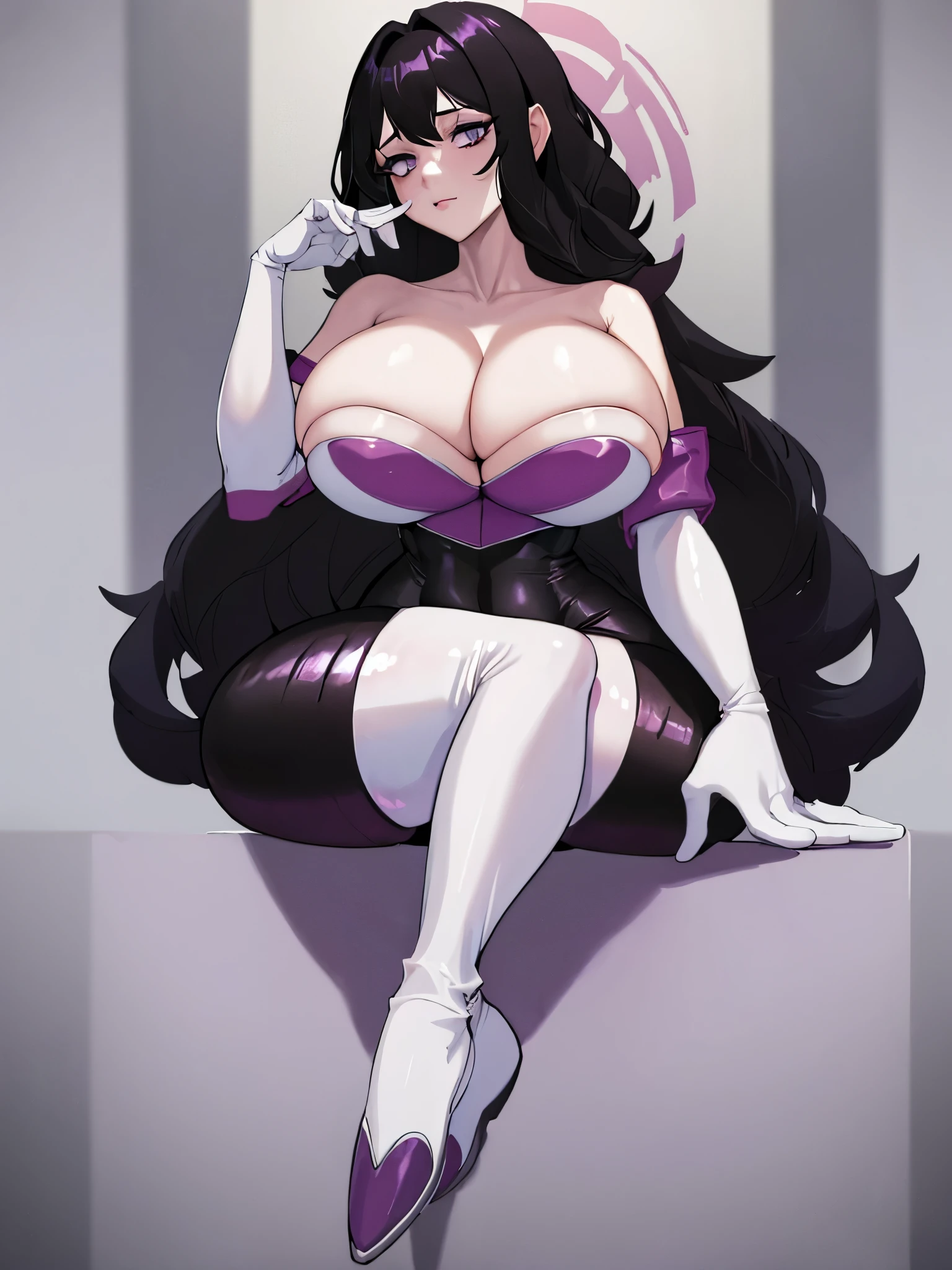 best quality, (masterpiece),(ultra-detailed), (high quality), (high resolution), rouge cosplay, huge breasts, white gloves, bare shoulders, thigh boots, bodysuit, white footwear, cleavage, 1girl, solo, black hair, long wavy hair, purple eyes, pale skin, tall, sitting