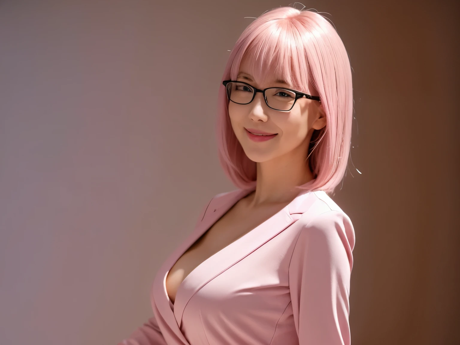 ((masterpiece, best)), (1girl), (mature woman), light pink hair, open-chest seduction, flared, (office lady), bangs, big breasts, glasses lady, (full), slim, smile, [wide hips], office, standing, aru  (blue file), 8K picture quality, sexy seduction, (open-chest suit)