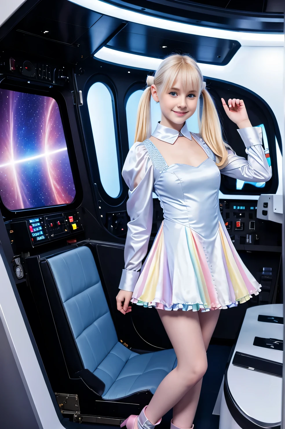 cute 19-year-old blond haired woman, pale white skin, happy, smiling, in twin tails, perfect blue eyes, pale goth skin, silky smooth skin, flying a fancy metal luxurious space ship, futuristic cockpit, she's a pilot, outer space seen in windows, dark warm lighting, wearing a futuristic dress, pleated (chemise) mini dress (pastel rainbow colors, and polka dots), puffy sleeves, silk, pantyhose, cute short cut booties, boots.