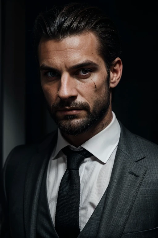 portrait homme, scarred face, cheveux noirs et gris, barbe fournie noire et grise, square jaw, black three piece suit, yeux verts, corps très musclé, look at camera, dark room, dim lamp lighting, vielle maison