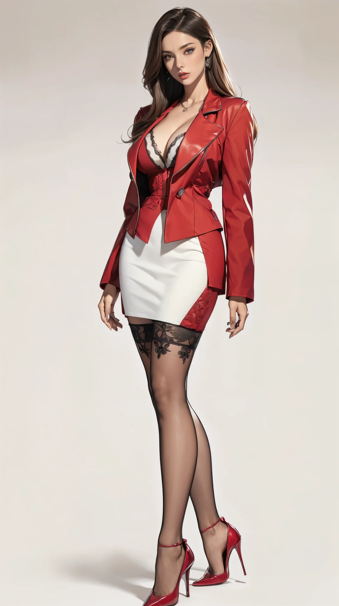 ((best quality,4k,highres,masterpiece:1.2)),((character concept art)), 1 female, age 24. Known for her provocative style and high sexual desire, Ashley embodies the role of a dynamic and captivating anchorwoman. Her body language is as commanding as her looks, always exuding confidence and sensuality. (((She's wearing a bright red Valentino Garavani Crepe Couture Double-Breasted Jacket that highlights her augmented figure, perfectly embodying the balance between luxury and functionality. The jacket is paired with a white blouse and a matching red pencil skirt))). (((She enhances her look with laced stockings and sky-high Christian Louboutin heels))), carrying her ensemble with an air of unapologetic confidence. Her accessories include a Chanel pendant necklace that rests on her ample cleavage. ((intricate detail)), super finely detailed hands, ultra finely detailed fingers(((ten fingers))), (standing confidently), (full body showcase), (show full body), (no logos on background), (no logo), ((plain background)), ((plain background)), (((empty background))).