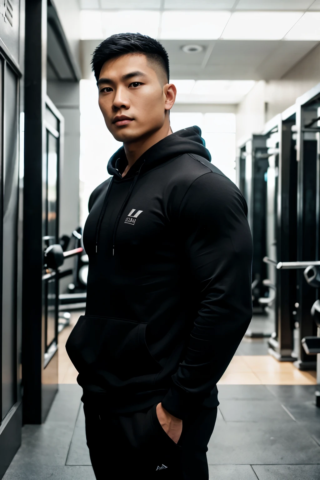 bodybuilder asian man wearing black hoodie, full body, hands on hoodie pockets, body in 45 degree angle to the left from camera, soft natural lighting
