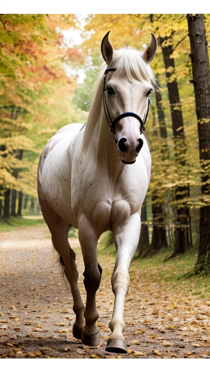 (8k, 16K, Award-Winning, Highest Quality, High Resolution, Super Detail, Textured Skin, Anatomically Correct, Photorealistic, Raw Photography, Tabletop: 1.3), (Princess in dress on white horse :1.3), White horse running through forest of autumn leaves, Dancing autumn leaves, Princess being chased by someone, Running away, Dynamic, Dignified face, Expression of wind, Path of falling leaves, Facial detail, Detailed finger,