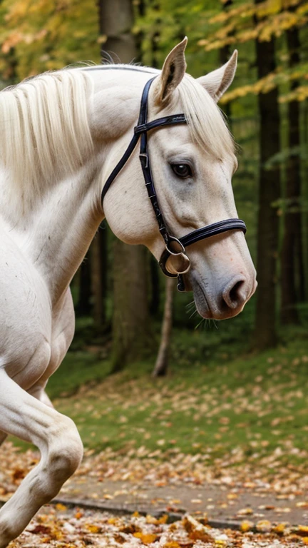 (8k, 16K, Award-Winning, Highest Quality, High Resolution, Super Detail, Textured Skin, Anatomically Correct, Photorealistic, Raw Photography, Tabletop: 1.3), (Princess in dress on white horse :1.3), White horse running through forest of autumn leaves, Dancing autumn leaves, Princess being chased by someone, Running away, Dynamic, Dignified face, Expression of wind, Path of falling leaves, Facial detail, Detailed finger,