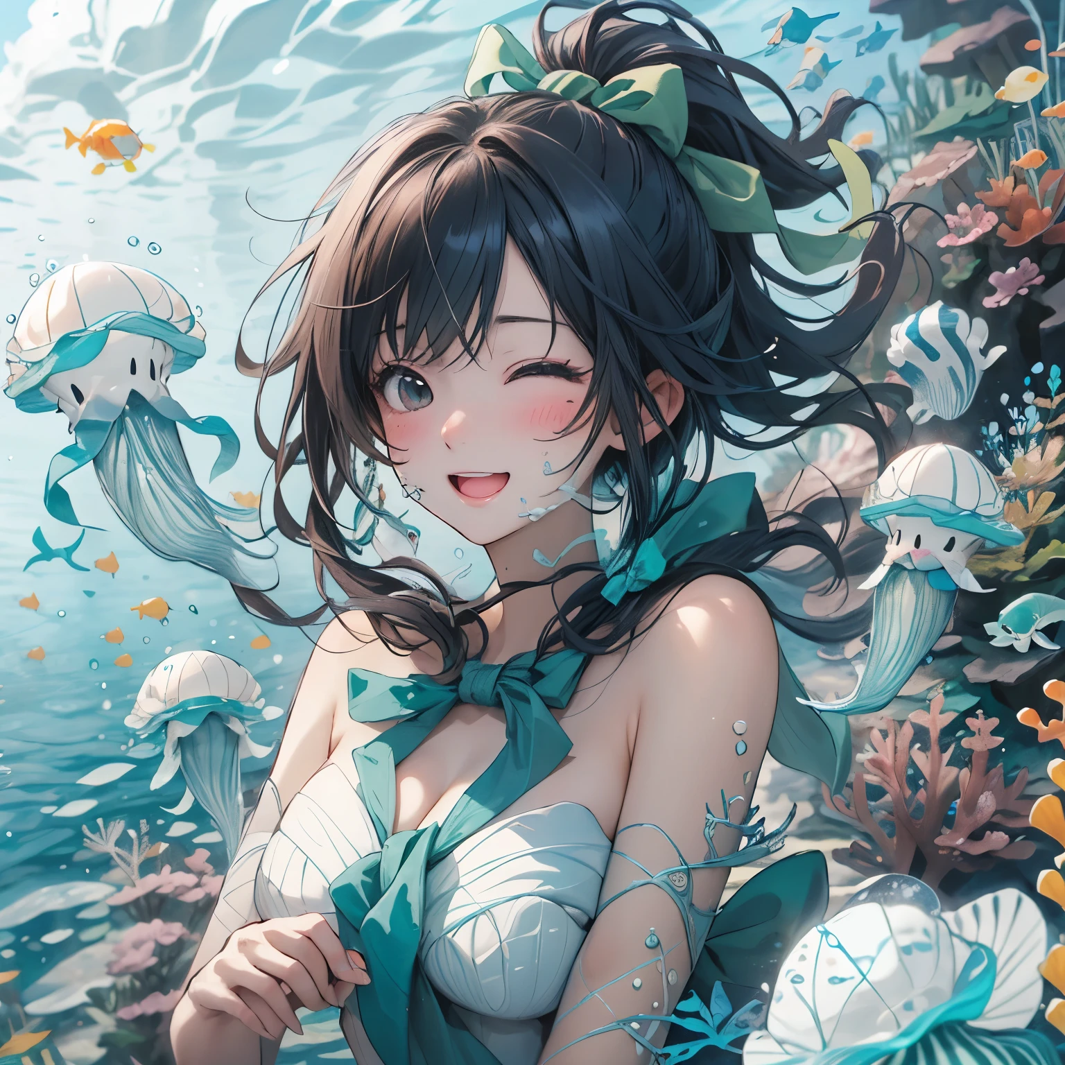 (masterpiece), highest quality, Ultra-high resolution,Cat with green ribbon、(Snorkeling:1.3)、、White jellyfish、White shell、Laughing happily、Ocean