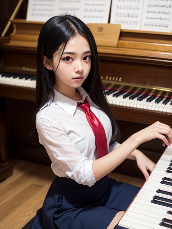 masterpiece, highest quality, Very detailed, 16k, Ultra-high resolution, 17-year-old girl, Detailed face, Anatomically correct, black eye, Black Hair, Long Hair, Drill Hair, Double Drill, , White blouse, Red tie, Navy Skirt, School, music room, piano, pianoの前に立つ