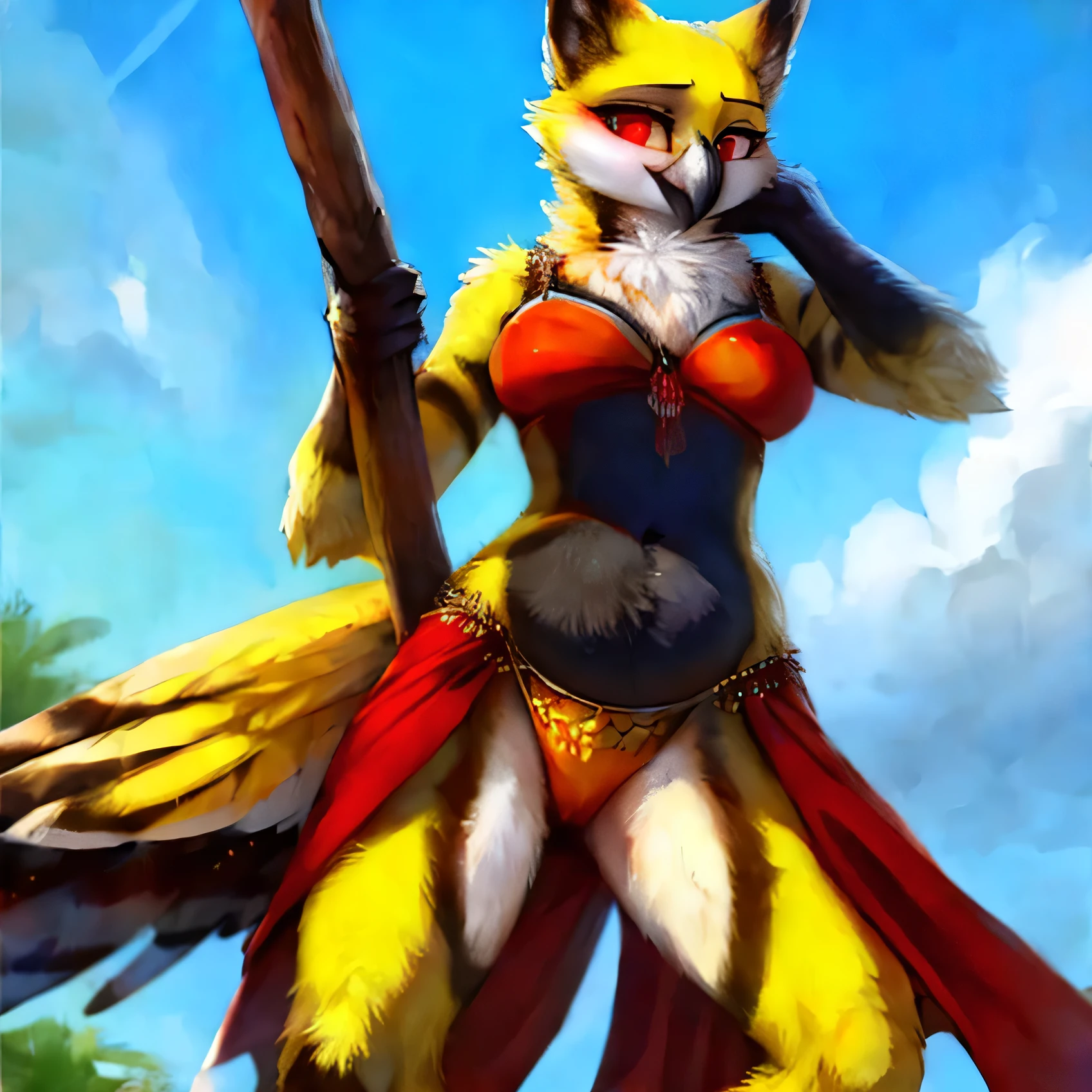by Nnecgrau, By kenket, by totesfleisch8, ((by thebigslick, by silverfox5213:0.8)), ((by syuro:0.2)), ((Uploaded on E621)), A tall and beautiful, female, owl, (yellow fur), yellow feathers, (black underbelly), black belly feathers, anthro, black slceras, red eyes, wearing a white belly dancer outfit