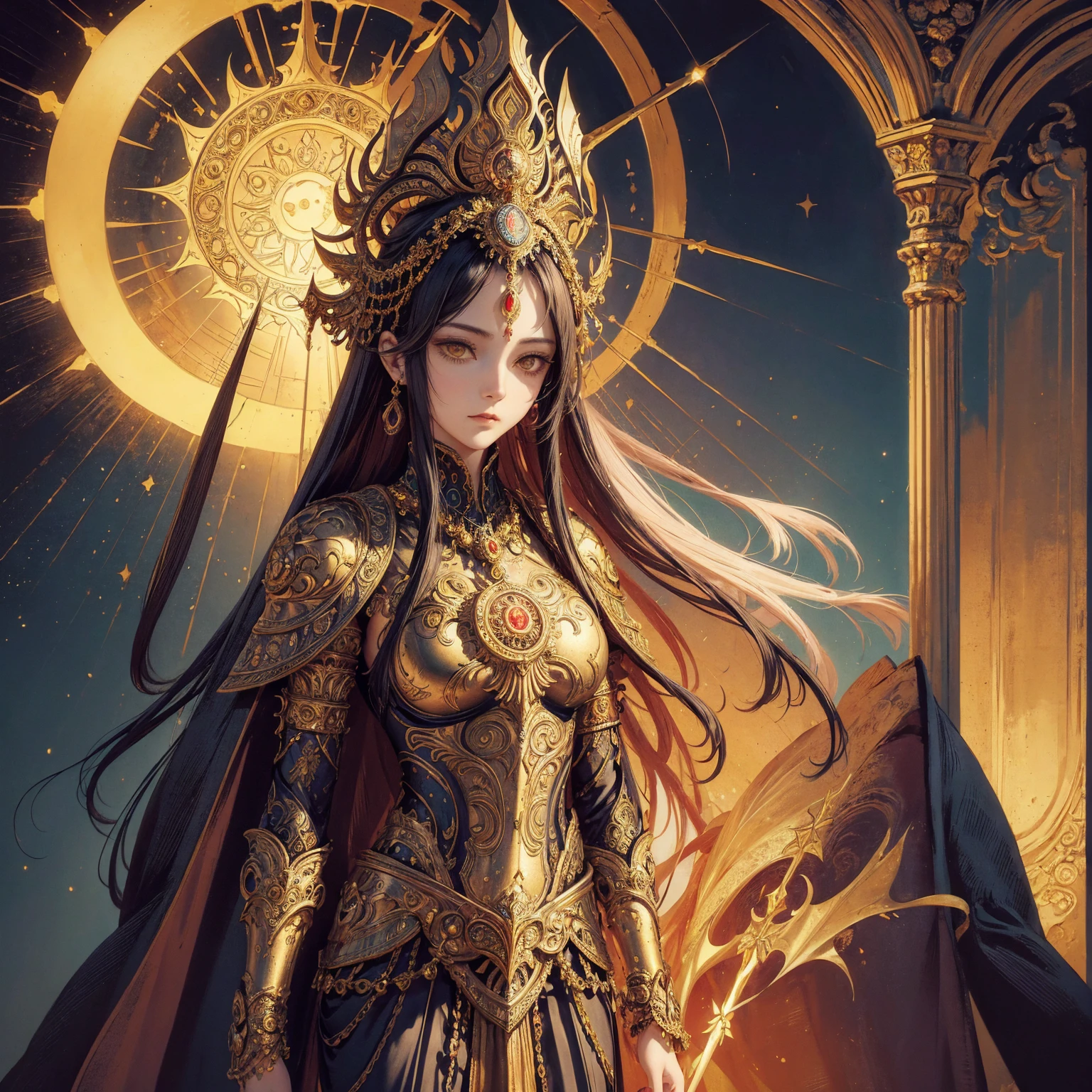 Art of woman wearing sun crown and ornate breastplate, ancient goddess art, Sacredness. Very detailed, Mysterious inspiration, Inspiration from the Sun God, Religious inspiration, Cold and snobbish face, Standing, Full body portrait, Gothic art style, Weird art style, Occult art