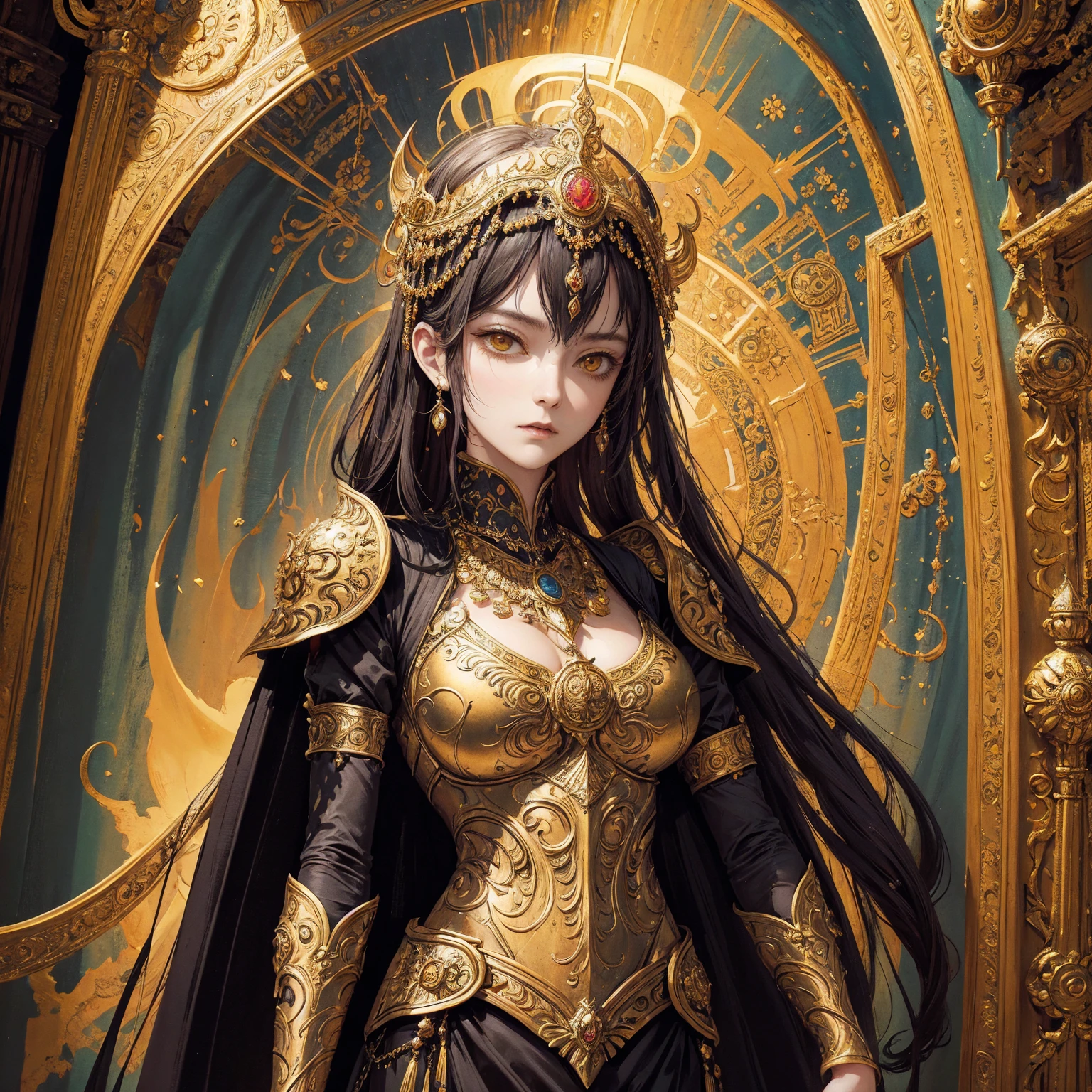 Art of woman wearing sun crown and ornate breastplate, ancient goddess art, Sacredness. Very detailed, Mysterious inspiration, Inspiration from the Sun God, Religious inspiration, Cold and snobbish face, Standing, Full body portrait, Gothic art style, Weird art style, Occult art