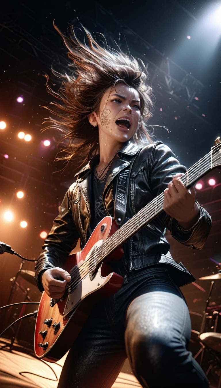a realistic metal band guitarist playing guitar during a concert, jumping and headbanging, detailed facial features, intricate tattoos, worn leather jacket, tight jeans, sweat glistening, dynamic stage lighting, dramatic camera angles, cinematic composition, intense emotion, photorealistic, 8k, hyper detailed