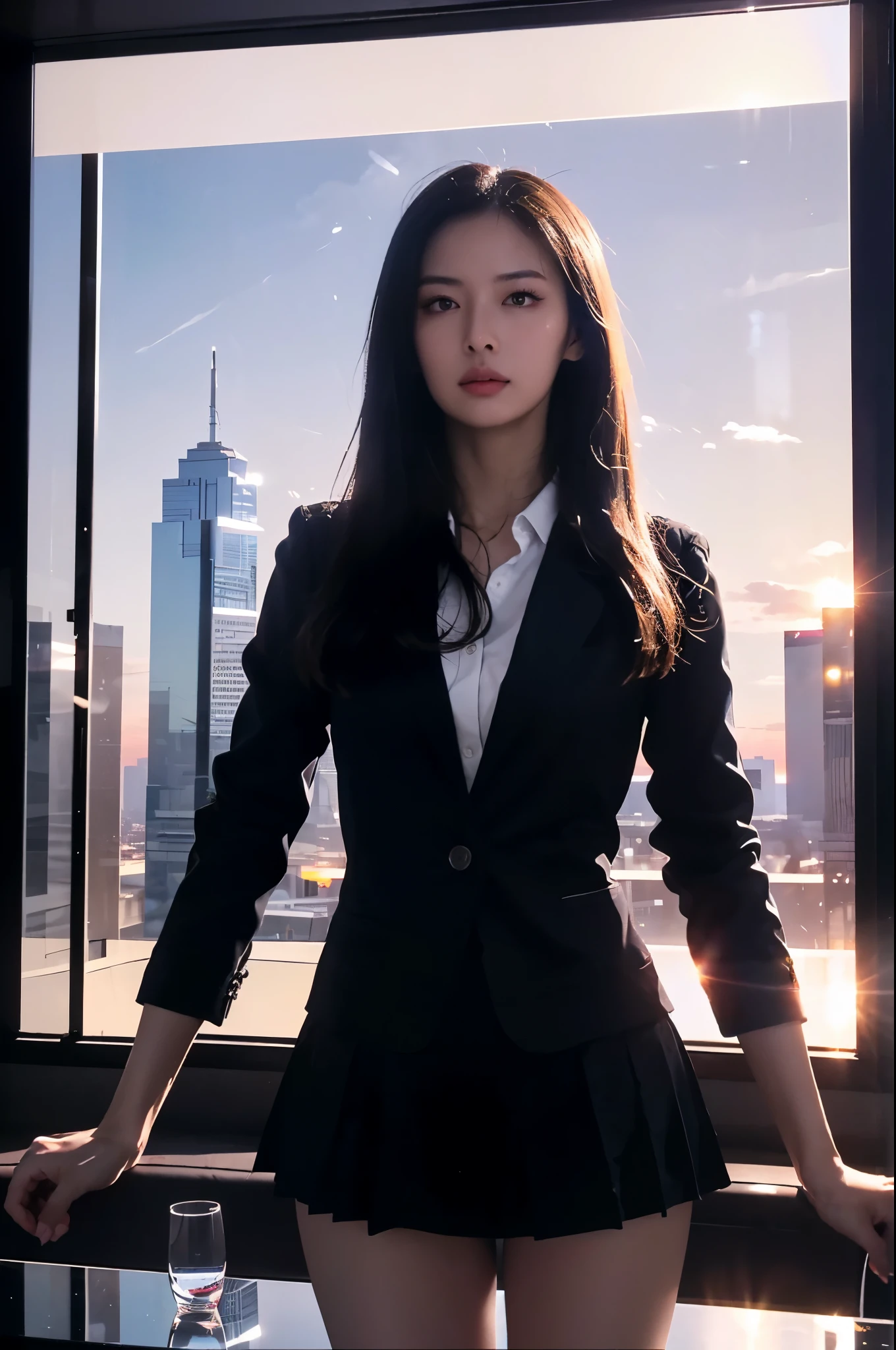 ((Tabletop:1.4, highest quality)), (Photo Real:1.4), 
((One Girl)), Shiny black hair, Hair blowing in the wind,
(超A high resolution:1.2), Very delicate and beautiful, wonderful, 
Highly detailed CG Unity 8k wallpaper, Super detailed, High resolution, Soft Light, 
Beautiful detailed girl, Highly detailed eyes and face, Beautifully detailed nose, Beautiful fine details, 
(Dark blue business suit, Skirt:1.4),
Cinema Lighting, Perfect Anatomy, Slender body, Long, slender legs, Was nervous,
(valley of buildings), (Glass skyscraper:1.4), (The bright red sunset clouds are reflected on the building:1.4), (A beautiful form with an inorganic feel),
Cool look, Cowboy Shot