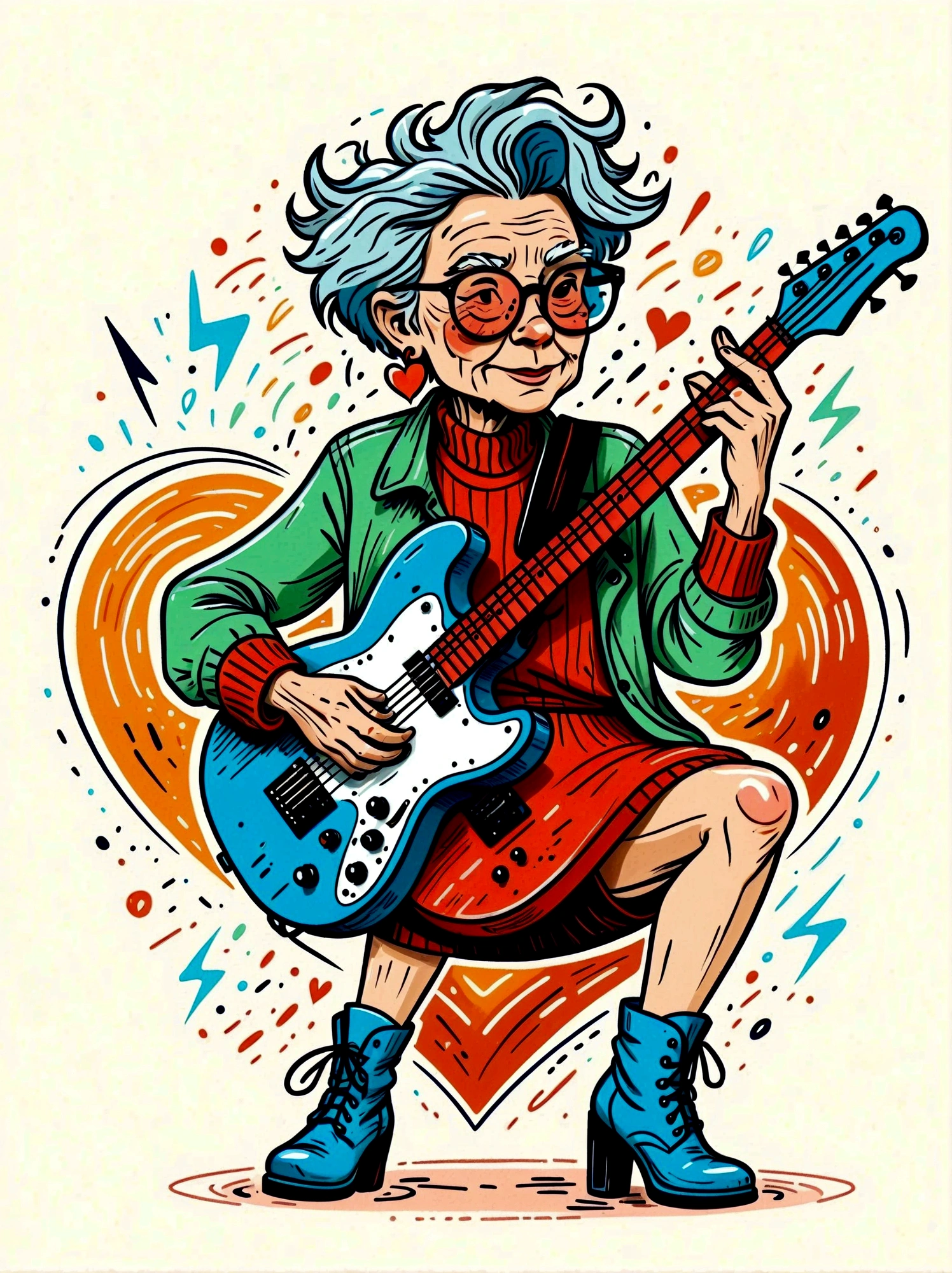Cartoon hand drawn, 1 Elderly, solo, Lightning energy，Electricity elements，Love tiara，Wearing large heart-shaped glasses，Blue Highlight Lightning，Wearing bright blue and green square clothes，high-heel boots，Playing guitar，the guitar player, The color palette is in red, orange and black tones and has a sketchy style, The background should have a simple hand-drawn doodle pattern