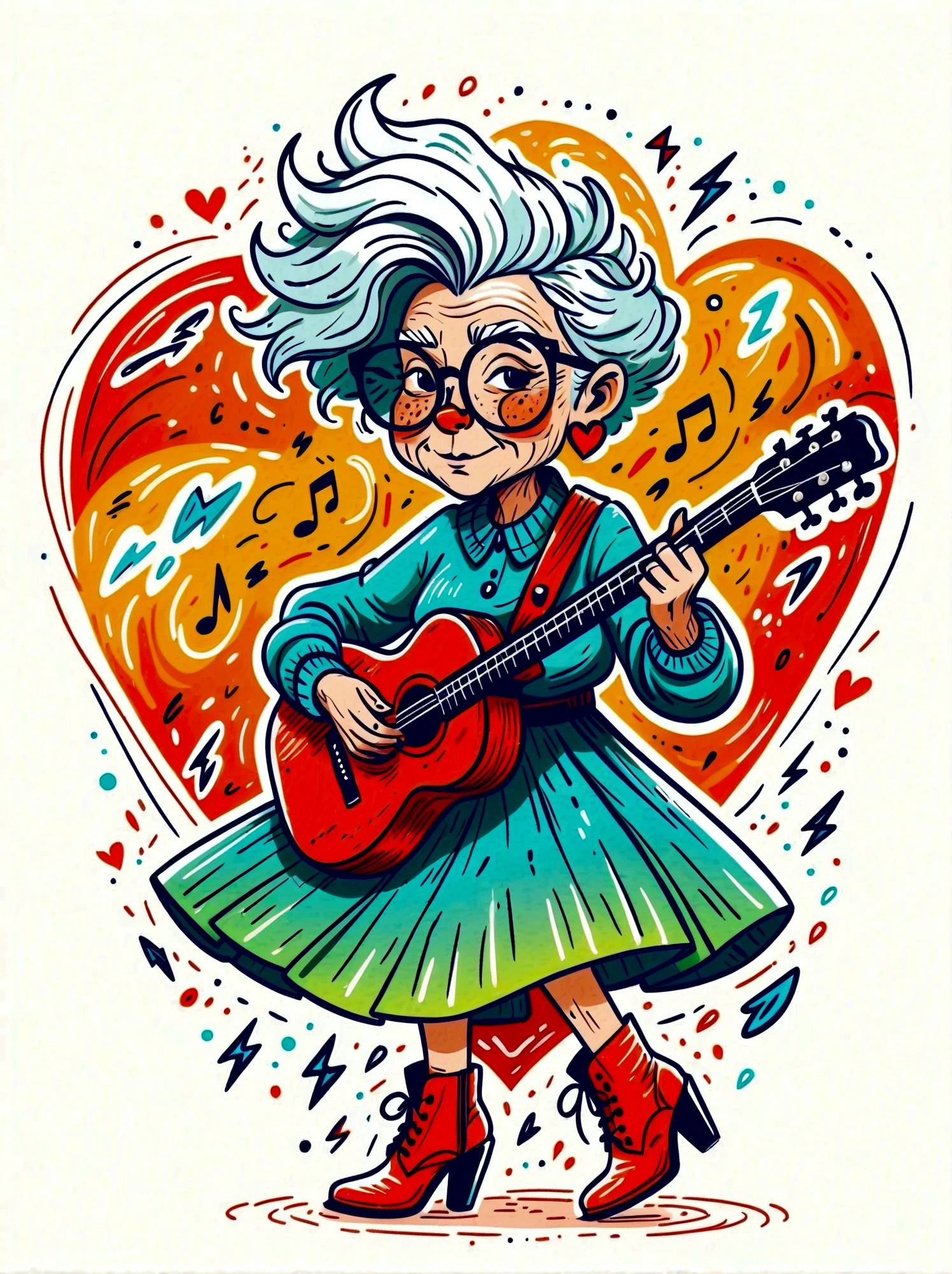 Cartoon hand drawn, 1 Elderly, solo, Lightning energy，Electricity elements，Love tiara，Wearing large heart-shaped glasses，Blue Highlight Lightning，Wearing bright blue and green square clothes，high-heel boots，Playing guitar，the guitar player, The color palette is in red, orange and black tones and has a sketchy style, The background should have a simple hand-drawn doodle pattern