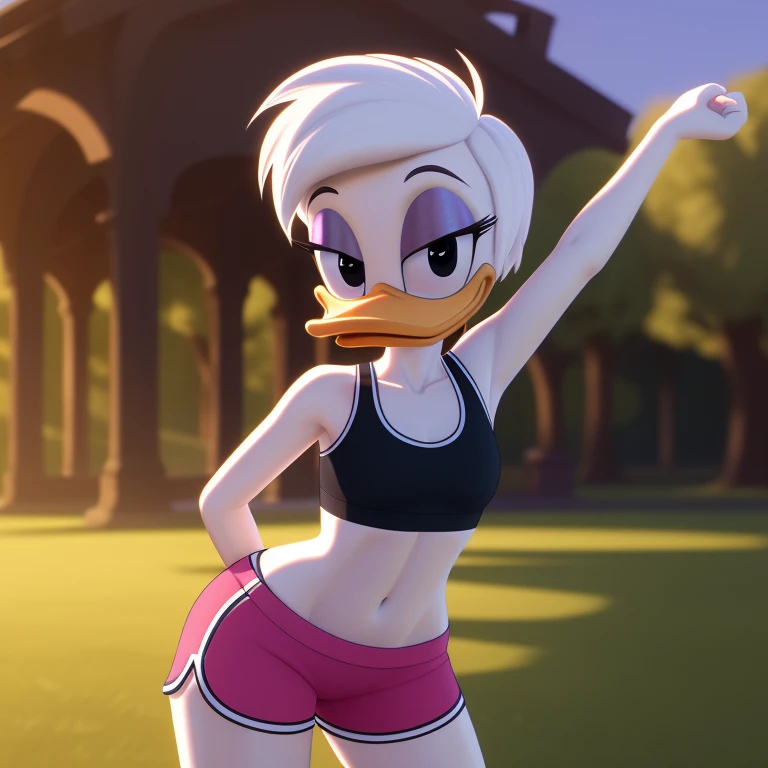 photorealism, female daisy duck, detailed background, outside, eyeshadow, white hair, hairstyle, flat chested
wear sports bra, pink shorts, stretching her arms
simple black eyes, detailed, intricate,
8k hd, highest quality, (detailed white skin:1.3), (looking at the viewer), (soft cinematic light:1.1) ,