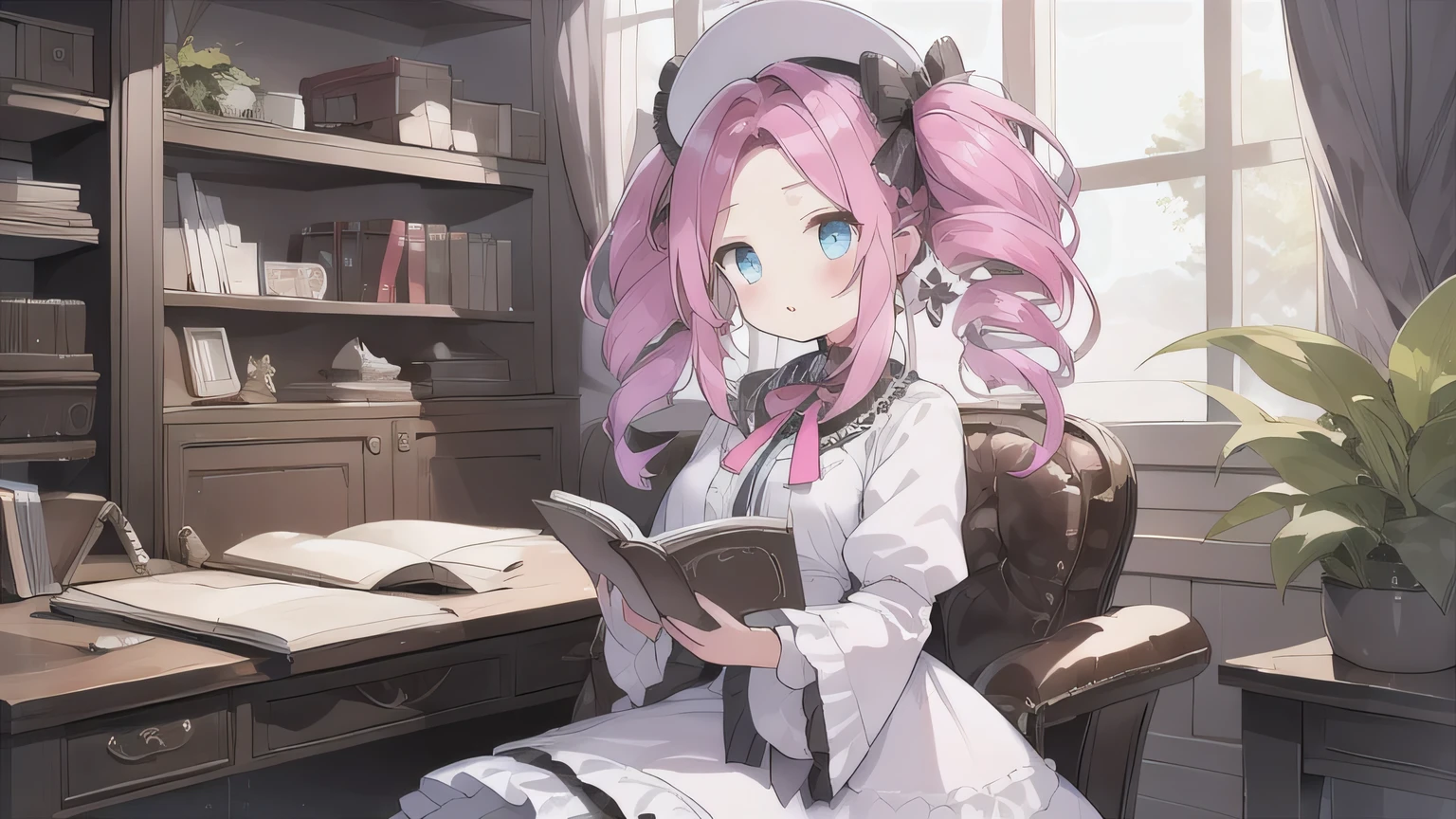 &quot;One Woman&quot;、young、blue eyes、Pink Hair、Long Hair、Drill-shaped twin-tail hairstyle、Wear a brim、Sit on a chair、I read a book、White ****ta Fashion