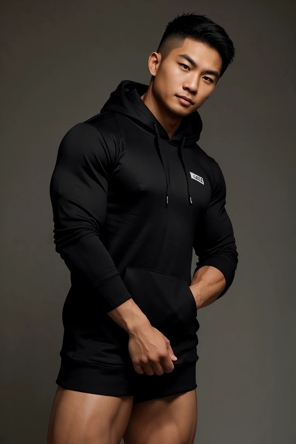 bodybuilder asian man wearing black hoodie, full body, hands on hoodie pockets, body in 45 degree angle to the left from camera, soft natural lighting
