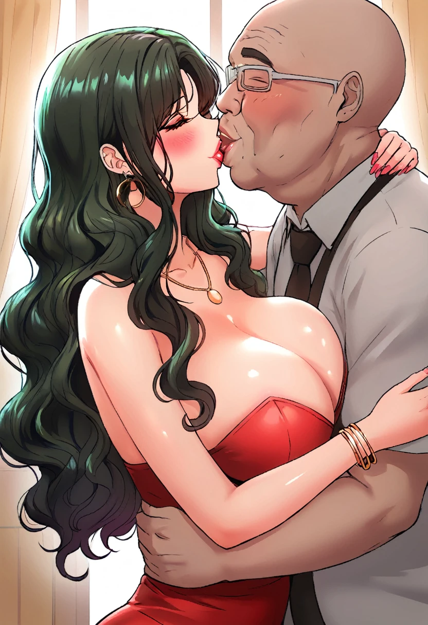 hot beautiful yu hee passionate kiss with fat ugly old man while hugging him,long wavy hair, green hair, glowing big hoops earrings, necklace, bracelet, lipstick,red strapless dress, cleavage,big rounded breasts,