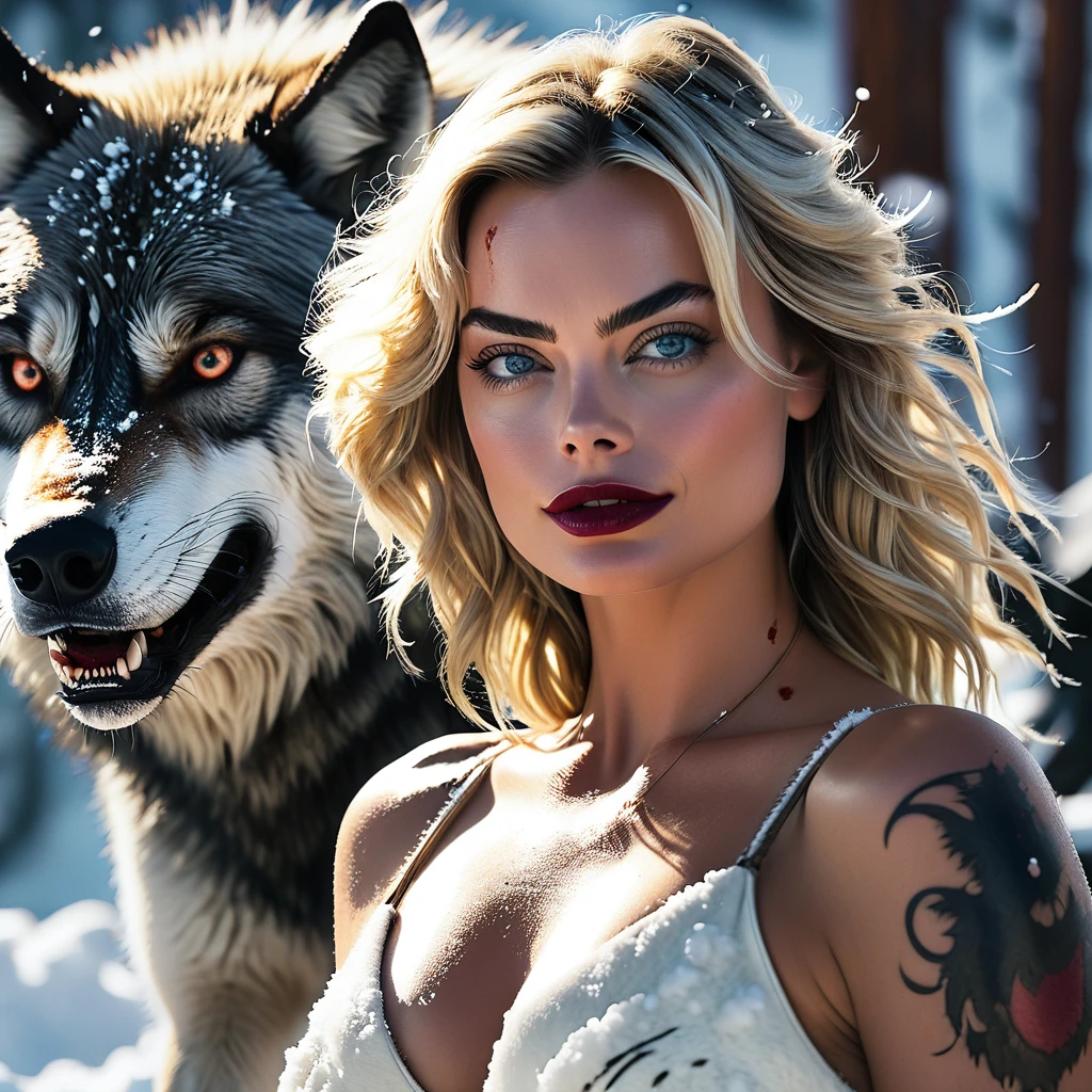 4k highly detailed realistic digital extremely high quality RAW photograph, a portrait photo of margot robbie that lived with wolves her whole life is now leading them to battle. torn clothes exposing (nude:1.4) body, armored pauldrons, fangs, curled horns, big breasts, ((snow and blood)), ((wolf tattoos)), epic, hyperrealistic, hyperrealism, 8k, cinematic lighting, greg rutkowski, wlop, (f1.8 short focus bokeh)