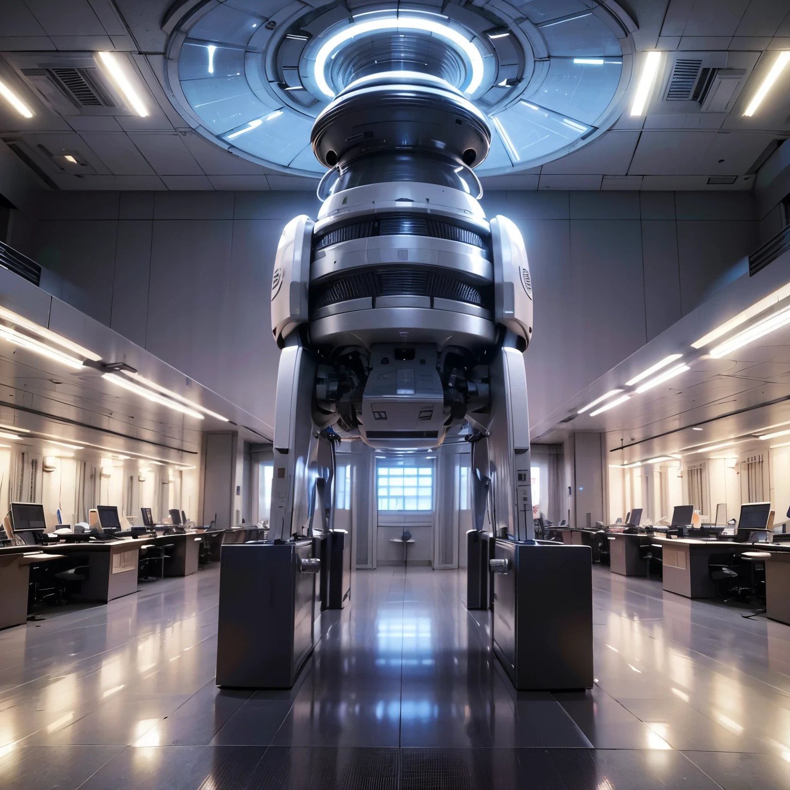 A sci-fi building interior，Inside the Institute，Research Units，Large command room，future technology，White environment，high tech，future technology，Future machines are everywhere