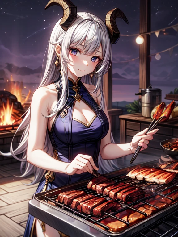 Beautiful young girl, White hair, Capricorn horns, barbecue cooking
