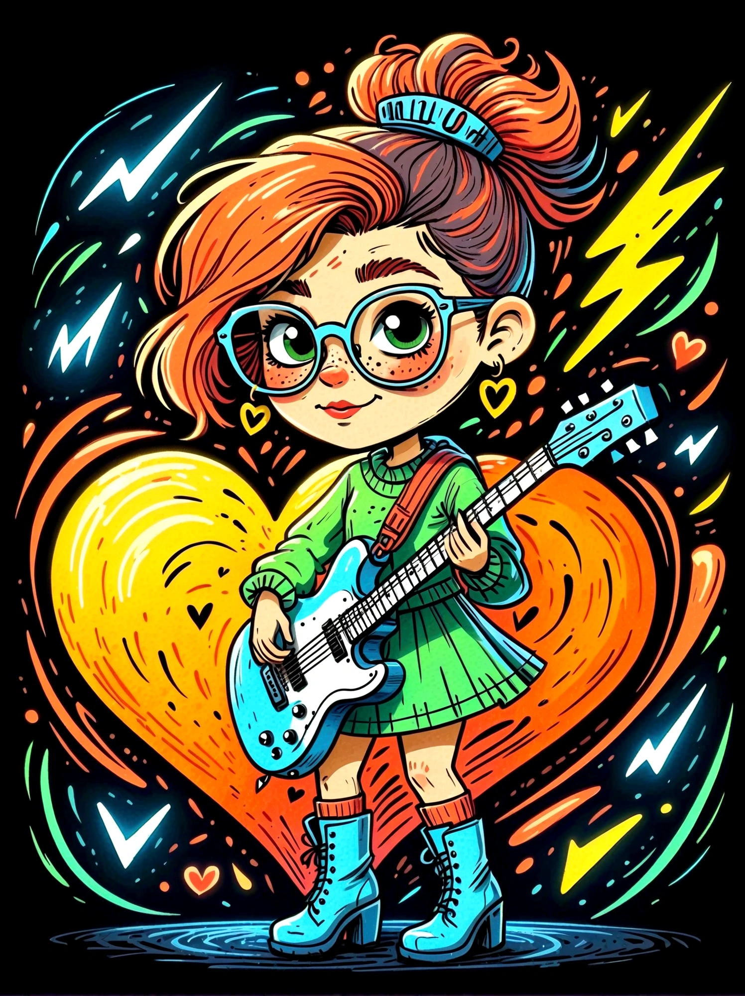 Cartoon hand drawn, 1girl, solo, Lightning energy，Electricity elements，Love tiara，Wearing large heart-shaped glasses，Double ponytail，Blue Highlight Lightning，Wearing bright blue and green square clothes，high-heel boots，Playing guitar，the guitar player, The color palette is in red, orange and black tones and has a sketchy style, The background should have a simple hand-drawn doodle pattern