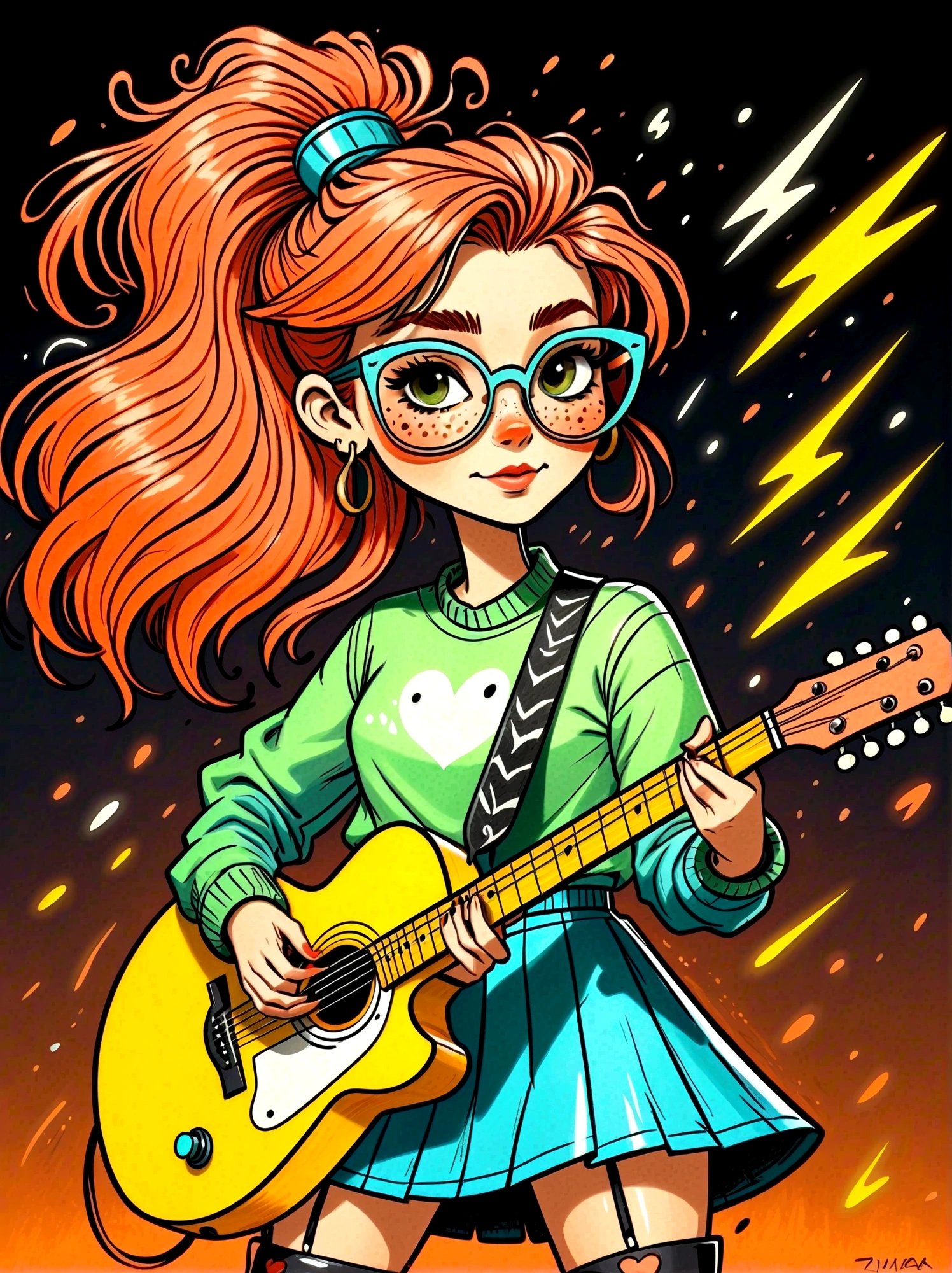 Cartoon hand drawn, 1girl, solo, Lightning energy,Electricity elements,Love tiara,Wearing large heart-shaped glasses,Double ponytail,Blue Highlight Lightning,Wearing bright blue and green square clothes,high-heel boots,Playing guitar,the guitar player, The color palette is in red, orange and black tones and has a sketchy style, The background should have a simple hand-drawn doodle pattern