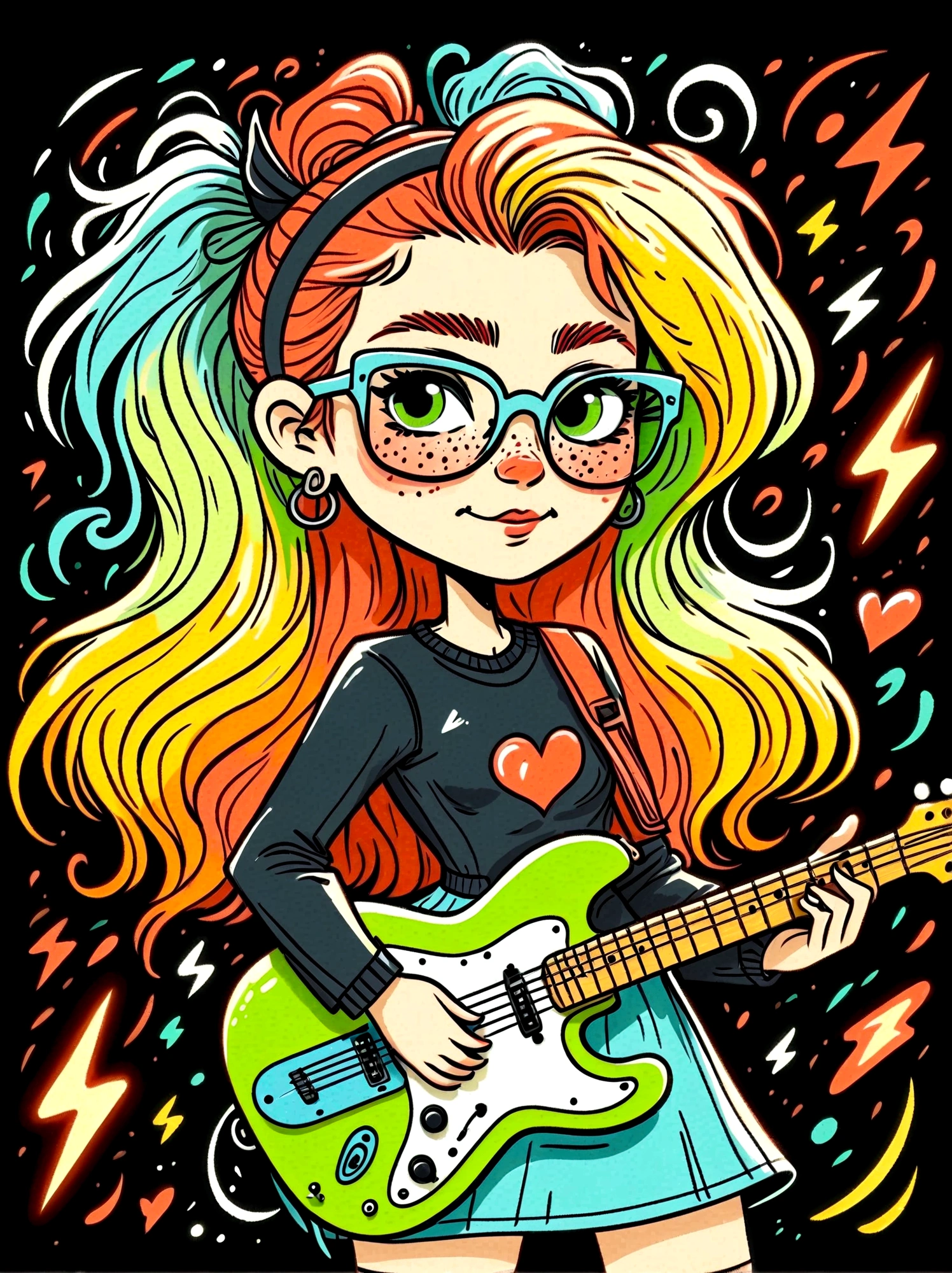 Cartoon hand drawn, 1girl, solo, Lightning energy,Electricity elements,Love tiara,Wearing large heart-shaped glasses,Double ponytail,Blue Highlight Lightning,Wearing bright blue and green square clothes,high-heel boots,Playing guitar,the guitar player, The color palette is in red, orange and black tones and has a sketchy style, The background should have a simple hand-drawn doodle pattern