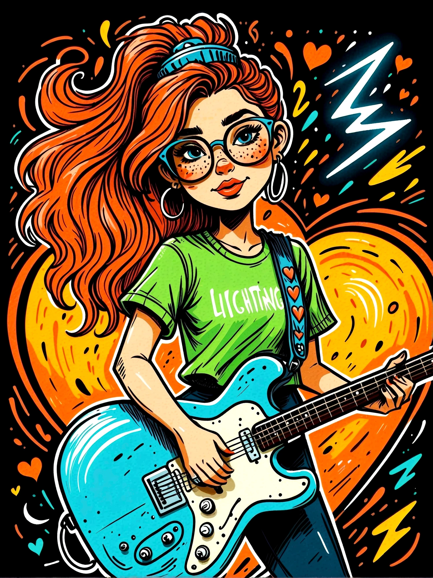 Cartoon hand drawn, 1girl, solo, Lightning energy,Electricity elements,Love tiara,Wearing large heart-shaped glasses,Double ponytail,Blue Highlight Lightning,Wearing bright blue and green square clothes,high-heel boots,Playing guitar,the guitar player, The color palette is in red, orange and black tones and has a sketchy style, The background should have a simple hand-drawn doodle pattern