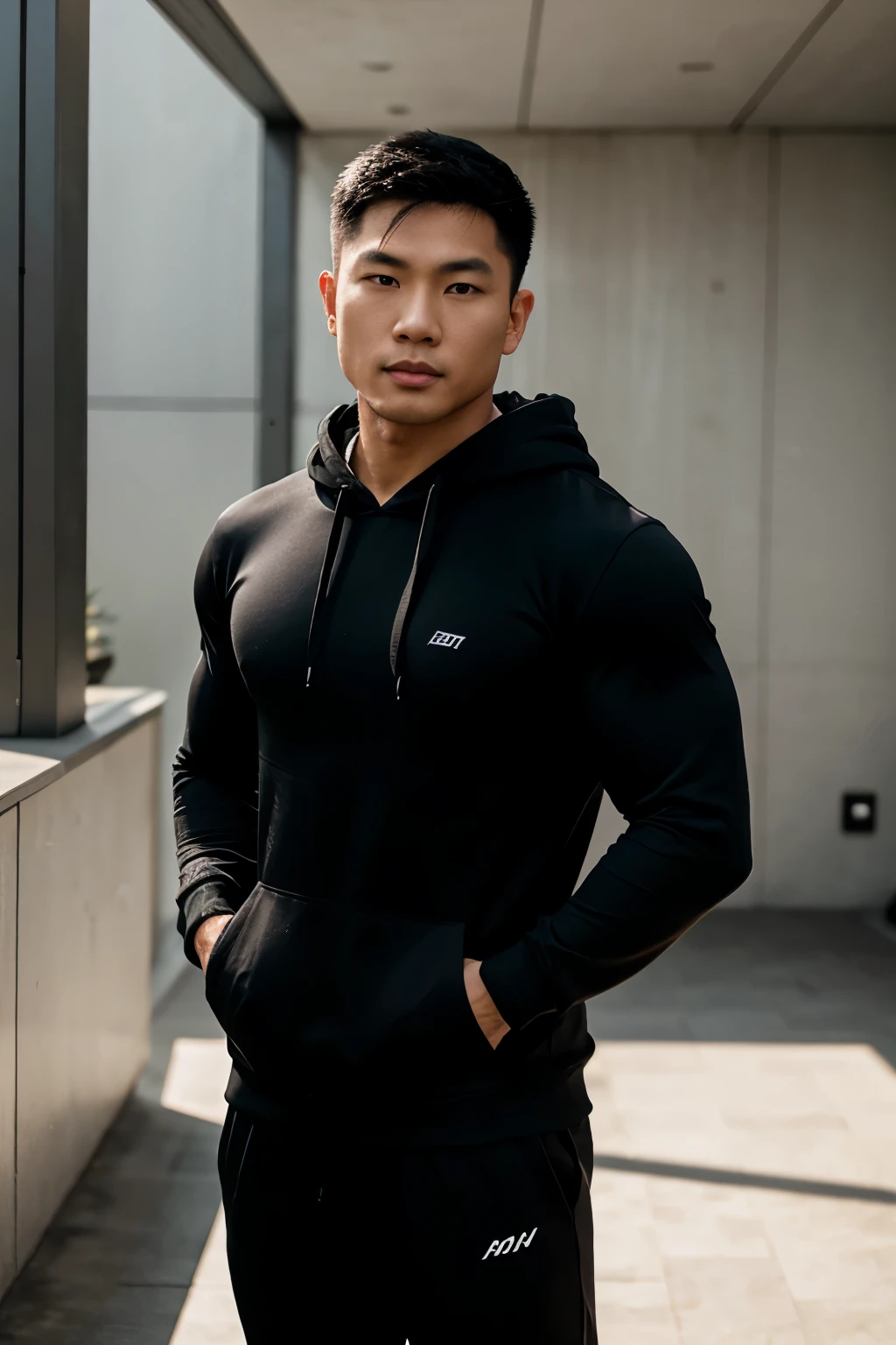 bodybuilder asian man wearing black hoodie, full body, hands on hoodie pockets, body in 45 degree angle to the left from camera, soft natural lighting, plain background