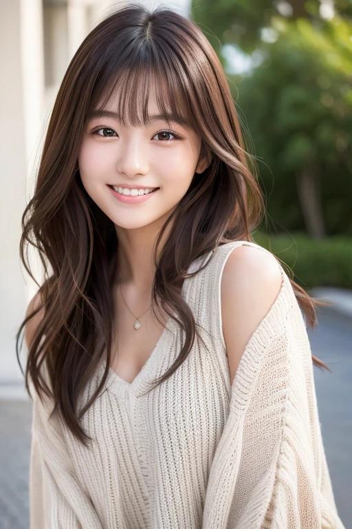Produce the highest quality and highest resolution 8K images。The model is a 20-year-old Japanese woman.。The image depicts her posing and smiling for the camera.。She has brown eyes and a model figure.、She has an idol-level cute face.。The hair is wavy。Skin has a healthy color。Clothes、I'm wearing early summer clothes。The image depicts a scene of taking commemorative photos at a tourist spot.。