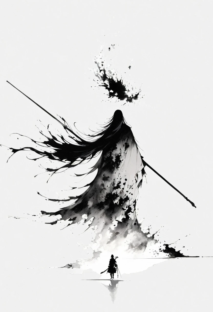 (Lots of white space:1.5),(Lots of white space around:1.6), White background, simple, Minimalism, abstract,Freehand,Aesthetic,black and white,Ink Painting,antiquity,A person far away