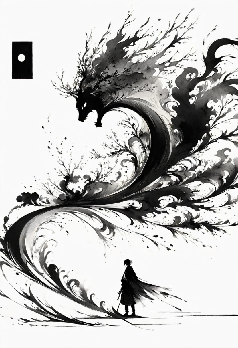 (Lots of white space:1.5),(Lots of white space around:1.6), White background, simple, Minimalism, abstract,Freehand,Aesthetic,black and white,Ink Painting,antiquity,A person far away
