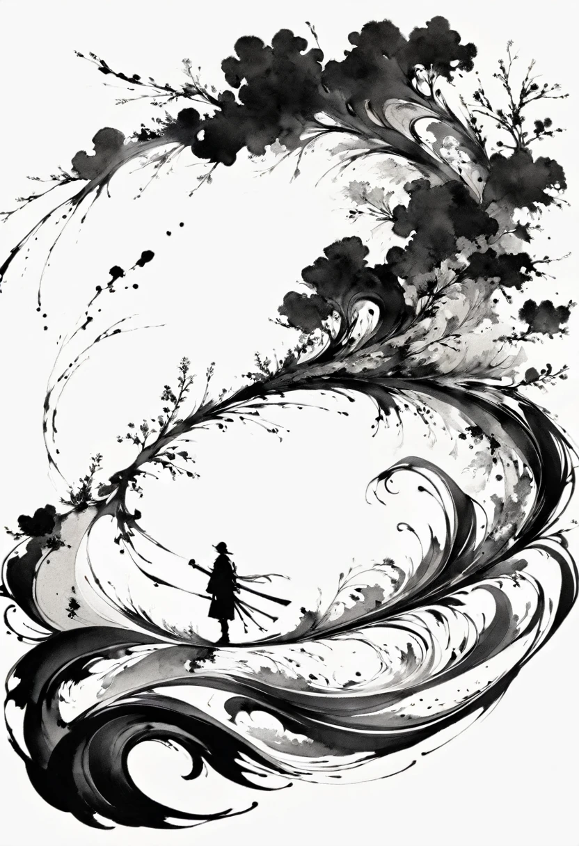 (Lots of white space:1.5),(Lots of white space around:1.6), White background, simple, Minimalism, abstract,Freehand,Aesthetic,black and white,Ink Painting,antiquity,A person far away