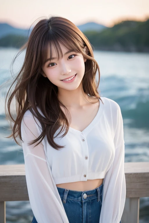 Produce the highest quality and highest resolution 8K images。The model is a 20-year-old Japanese woman.。The image depicts her posing and smiling for the camera.。She has brown eyes and a model figure.、She has an idol-level cute face.。The hair is wavy。Skin has a healthy color。Clothes、I&#39;m wearing early summer clothes。The image depicts a scene of taking commemorative photos at a tourist spot.。