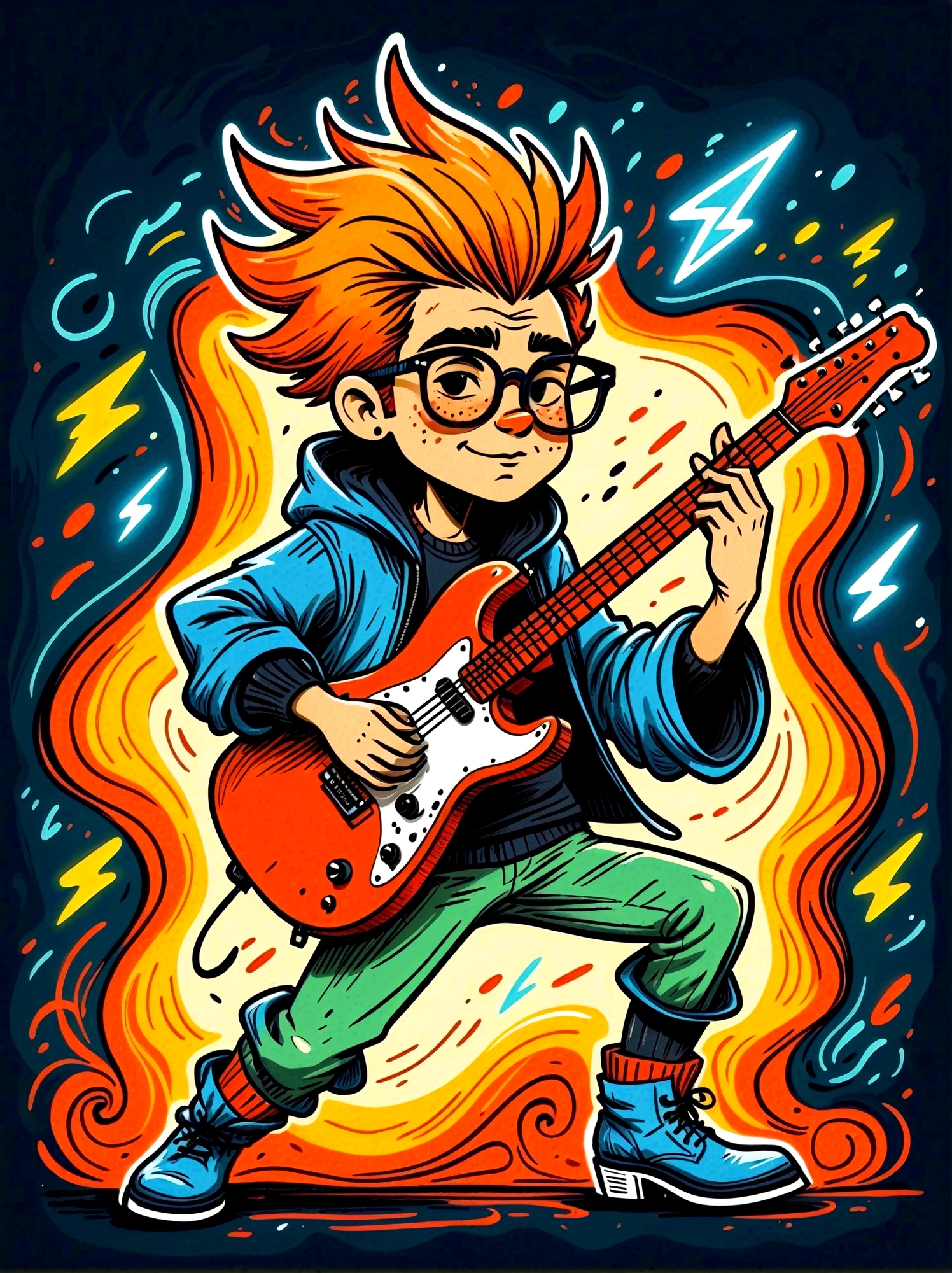Cartoon hand drawn, 1boy, solo, Lightning energy,Electricity elements,Wearing a pointed headdress,Wearing large rectangular glasses,Blue Highlight Lightning,Wearing bright blue and green square clothes,high-heel boots, Playing guitar, the guitar player, The color palette is in red, orange and black tones and has a sketchy style, The background should have a simple hand-drawn doodle pattern