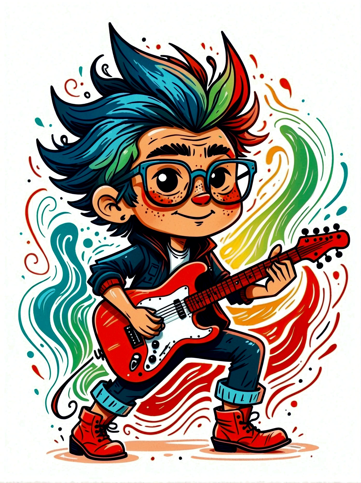 Cartoon hand drawn, 1boy, solo, Lightning energy,Electricity elements,Wearing a pointed headdress,Wearing large rectangular glasses,Blue Highlight Lightning,Wearing bright blue and green square clothes,high-heel boots, Playing guitar, the guitar player, The color palette is in red, orange and black tones and has a sketchy style, The background should have a simple hand-drawn doodle pattern