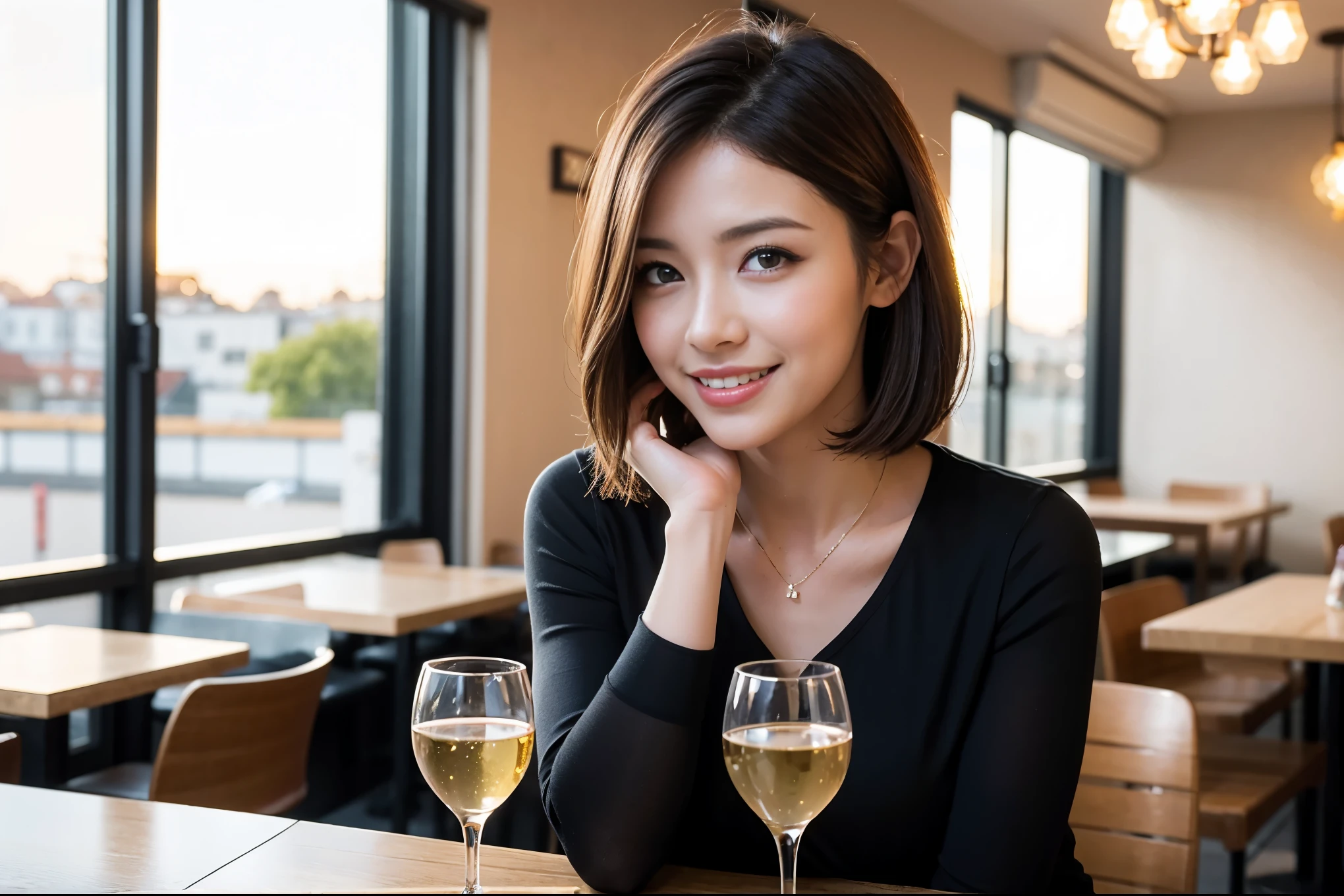 ((highest quality、8k、masterpiece:1.3))、beauty、1 male 1 female、Beautiful couple、A lover who resembles Haruka Ayase、spouse、Handsome Men and Beautiful Women、Spouse、The body is slim、((Bob Hale、Straight hair:1.2)), (Realistic, Intricate details:1.2), full-course dinner,テーブルの上のwine glass、Shine light on your face、 Amazing view of the sunset sky and clouds、A bright smile、The wonderfulness of smile、Bright image、The beauty of wine, Beautiful Face, blue eyes, The light shines on your face, Blushing, short hair,Bright Face、 (42 years old), 39 years old, red wine 、Appetizers、Italian food、Wine bottle、Champagne、sparkling wine、Two beauties、Brown Hair、Shortcuts、Long sleeve shirt、dress、Pretty Woman 1, (slimな顔), (The body is slim), (Brown Hair), (Shortcuts), cheeks turn a little red,Attractive beauty、restaurant, In a prominent place (From the waist up) Nova Frog Style, actress, model, Upper Body, White wine, slim, wine glass, A wine glass placed in the center, smile, (smile: 1.15), Beautiful fine grain, Depth f/2,saturation, High Contrast, Strong light and shadow,Moist Body:1.5、3D texture、Delicate eyes、Brown Hair、The hair is very shiny、