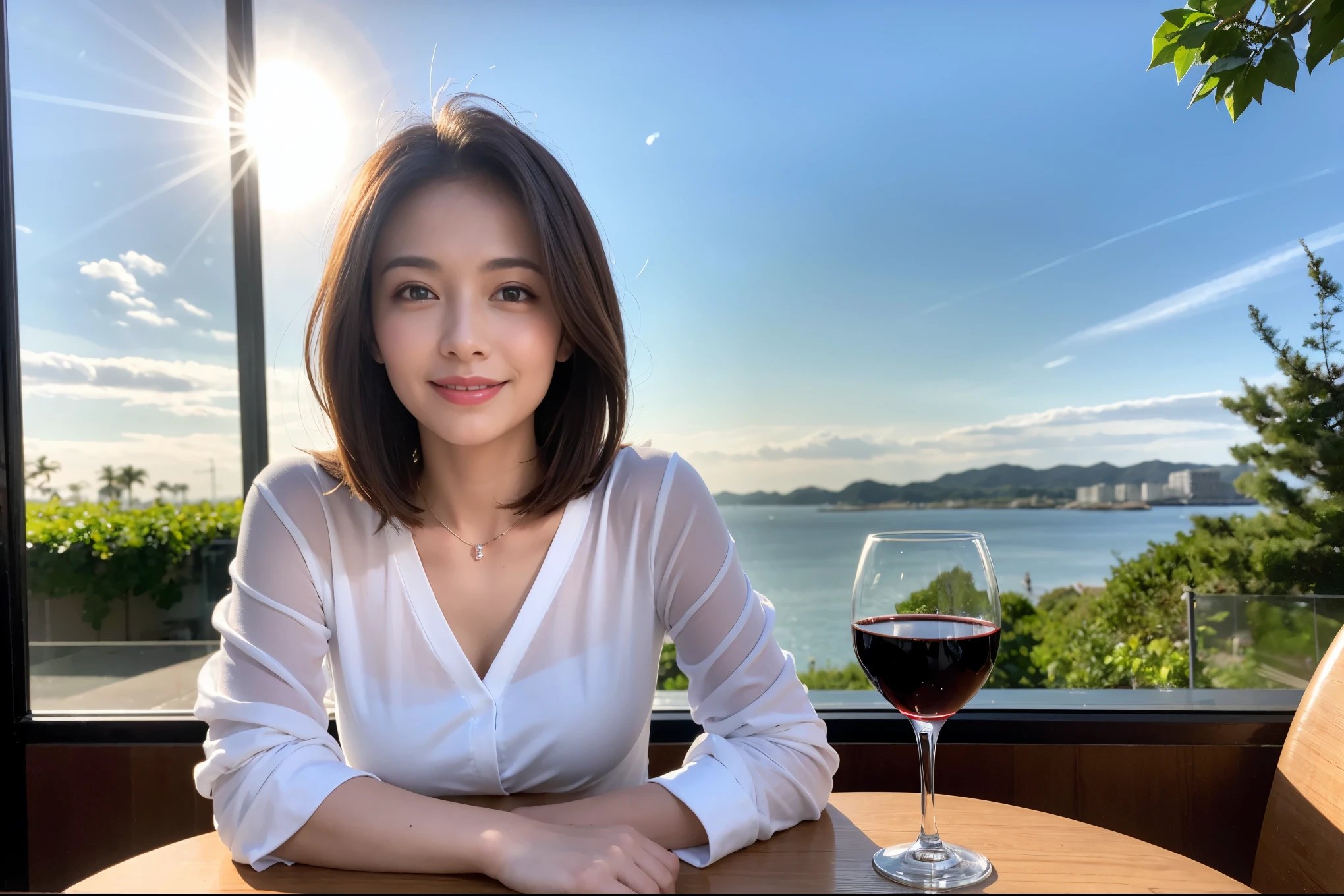 ((highest quality、8k、masterpiece:1.3))、beauty、1 male 1 female、Beautiful couple、A lover who resembles Haruka Ayase、spouse、Handsome Men and Beautiful Women、Spouse、The body is slim、((Bob Hale、Straight hair:1.2)), (Realistic, Intricate details:1.2), full-course dinner,テーブルの上のwine glass、Shine light on your face、 Amazing view of the sunset sky and clouds、A bright smile、The wonderfulness of smile、Bright image、The beauty of wine, Beautiful Face, blue eyes, The light shines on your face, Blushing, short hair,Bright Face、 (42 years old), 39 years old, red wine 、Appetizers、Italian food、Wine bottle、Champagne、sparkling wine、Two beauties、Brown Hair、Shortcuts、Long sleeve shirt、dress、Pretty Woman 1, (slimな顔), (The body is slim), (Brown Hair), (Shortcuts), cheeks turn a little red,Attractive beauty、restaurant, In a prominent place (From the waist up) Nova Frog Style, actress, model, Upper Body, White wine, slim, wine glass, A wine glass placed in the center, smile, (smile: 1.15), Beautiful fine grain, Depth f/2,saturation, High Contrast, Strong light and shadow,Moist Body:1.5、3D texture、Delicate eyes、Brown Hair、The hair is very shiny、