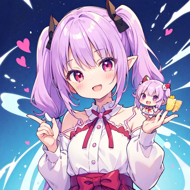 (best quality, masterpiece:1.2), illustrations, a cute girl, cute face, kawaii, very lovingly face,
 nude,
 1 girl, -yeld, ea teens, chishort twin tails, light purple hair, shiny hair,
 red eyes,
 pointy ears,
 BREAK naughty face, smug face, open mouth, fang, heart background,