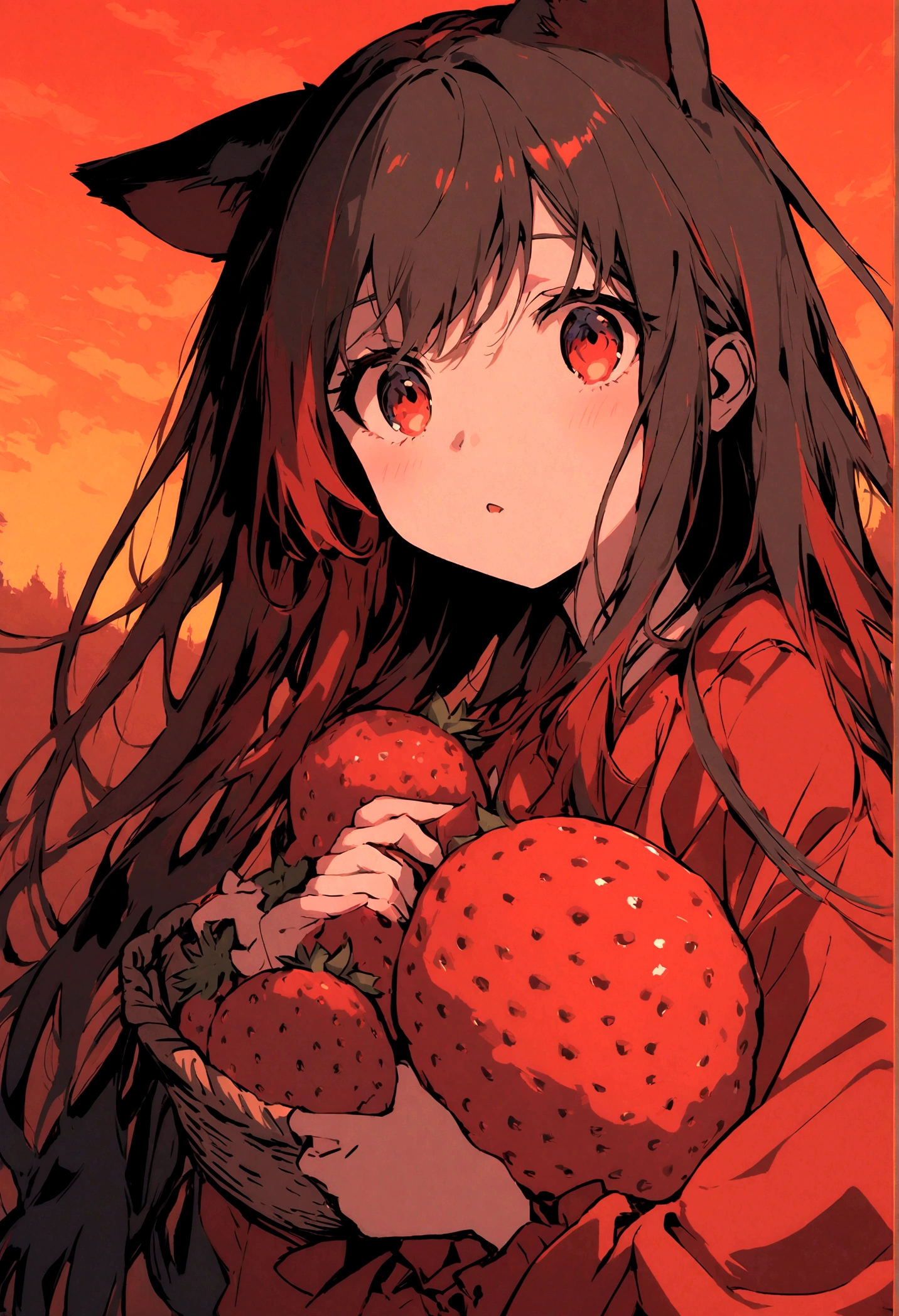 an anime girl with cat ears holding a basket of strawberries, red theme, sunset, wallpaper, mobile wallpeper
